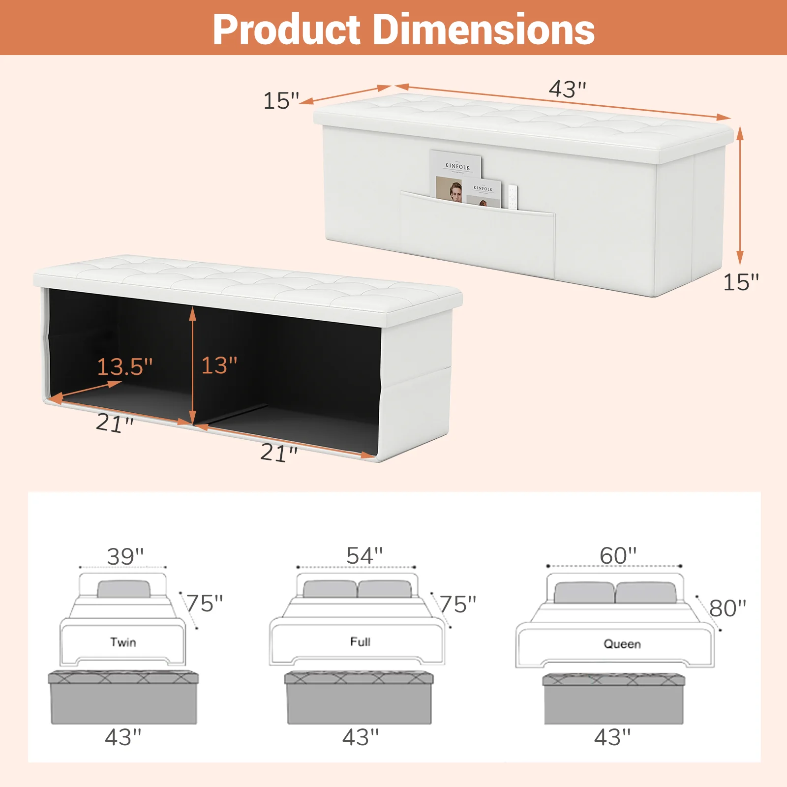 45 Inch Large Folding Ottoman Storage Seat, White - Image 5