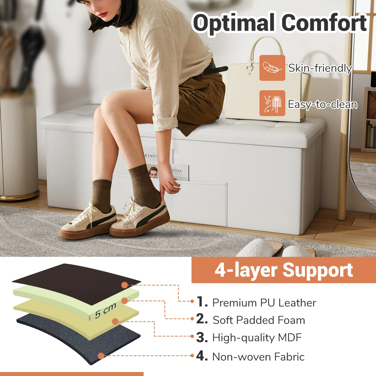 45 Inch Large Folding Ottoman Storage Seat, White - Image 9