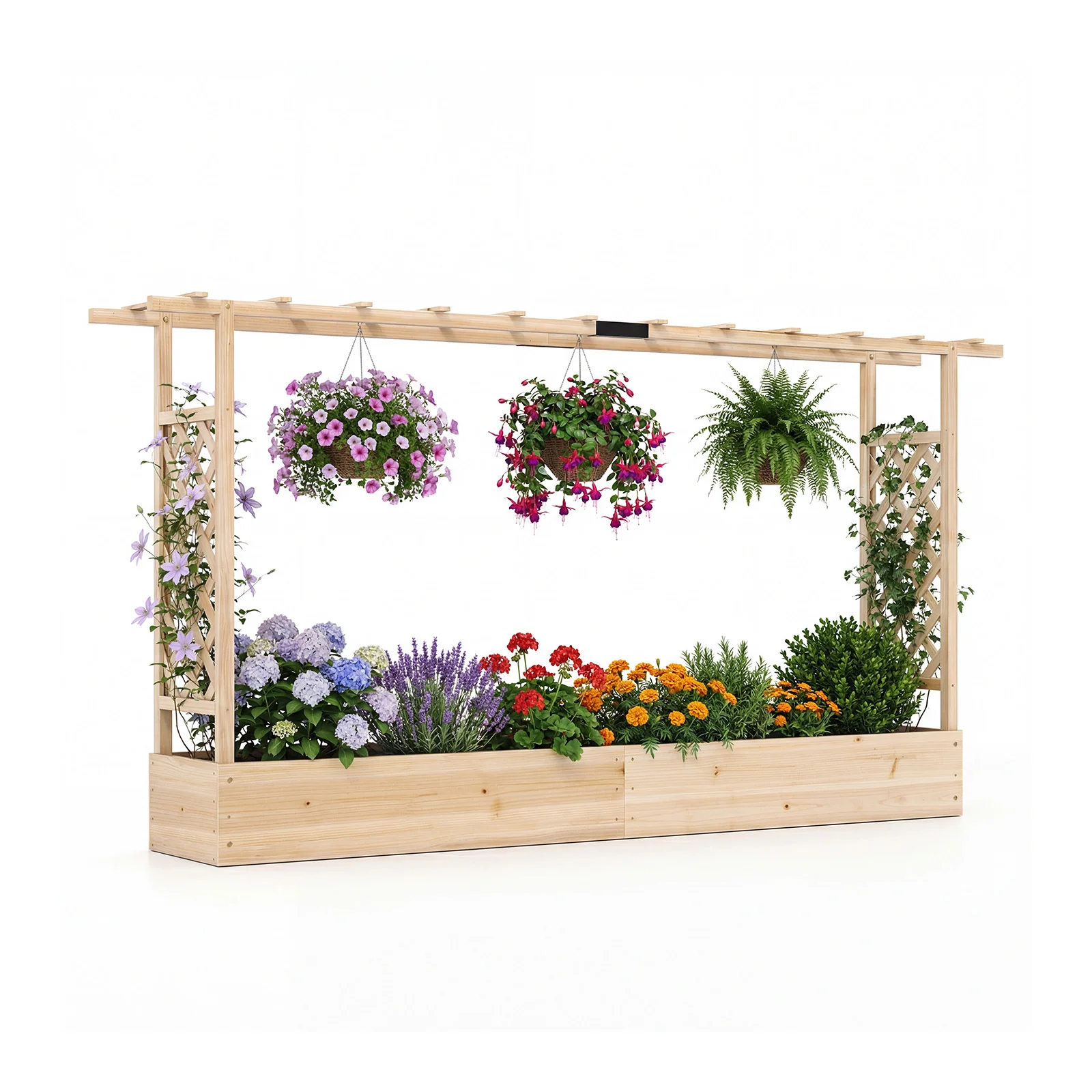 45 Inch Tall Wooden Raised Garden Bed with Side Trellis and Hanging Roof Drainage Holes, Natural