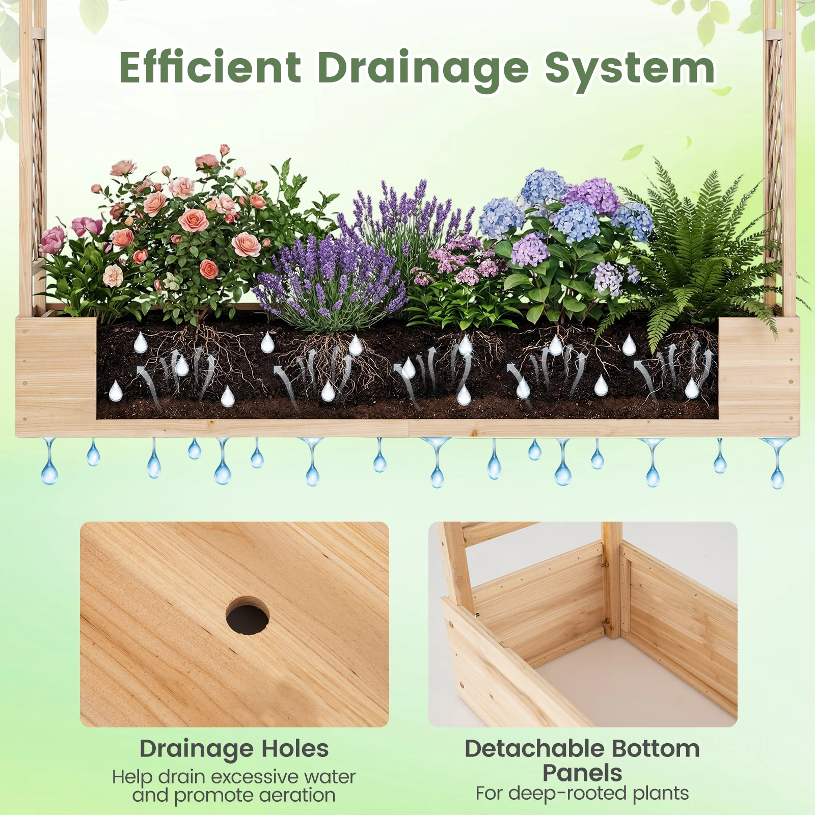 45 Inch Tall Wooden Raised Garden Bed with Side Trellis and Hanging Roof Drainage Holes, Natural - Image 10