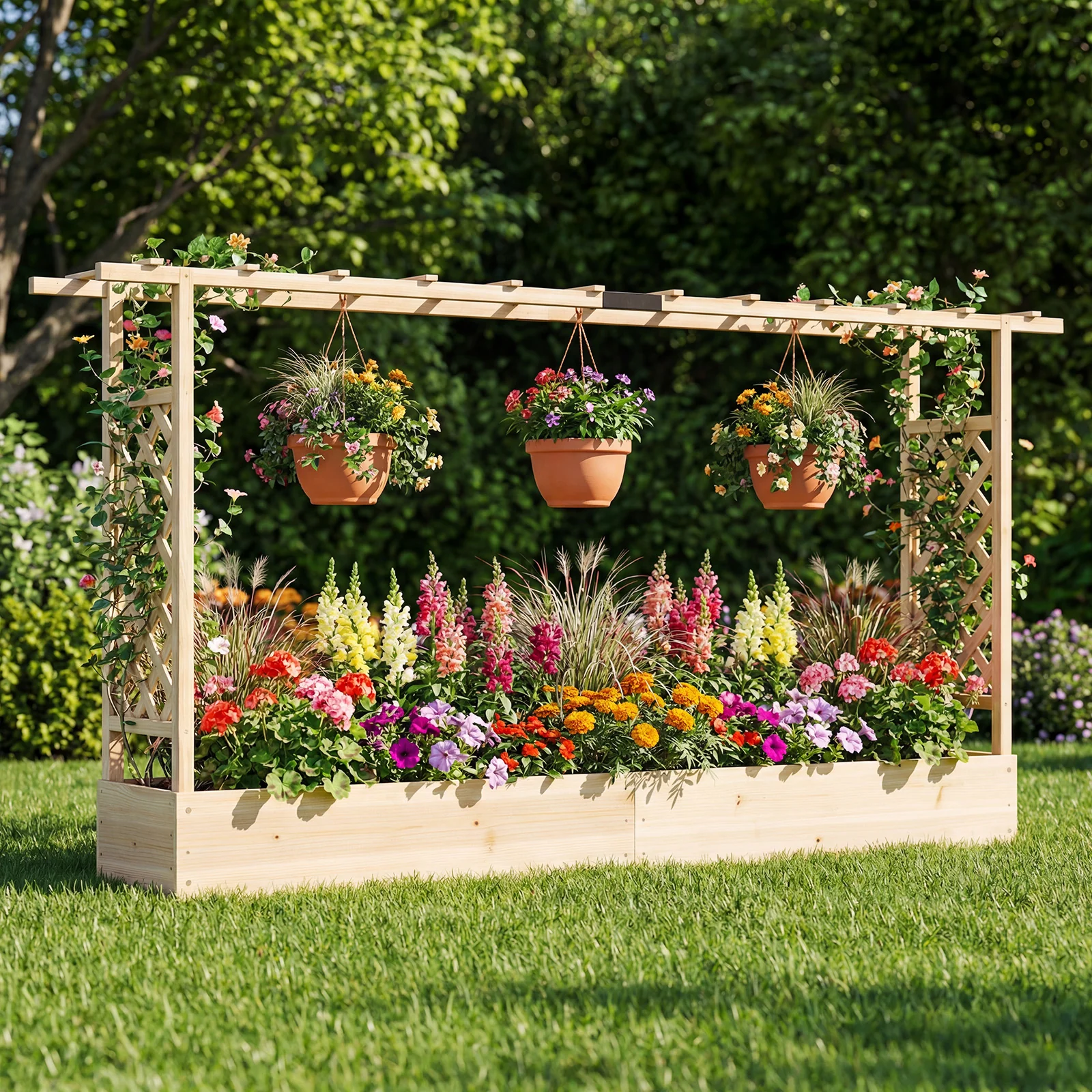 45 Inch Tall Wooden Raised Garden Bed with Side Trellis and Hanging Roof Drainage Holes, Natural - Image 2