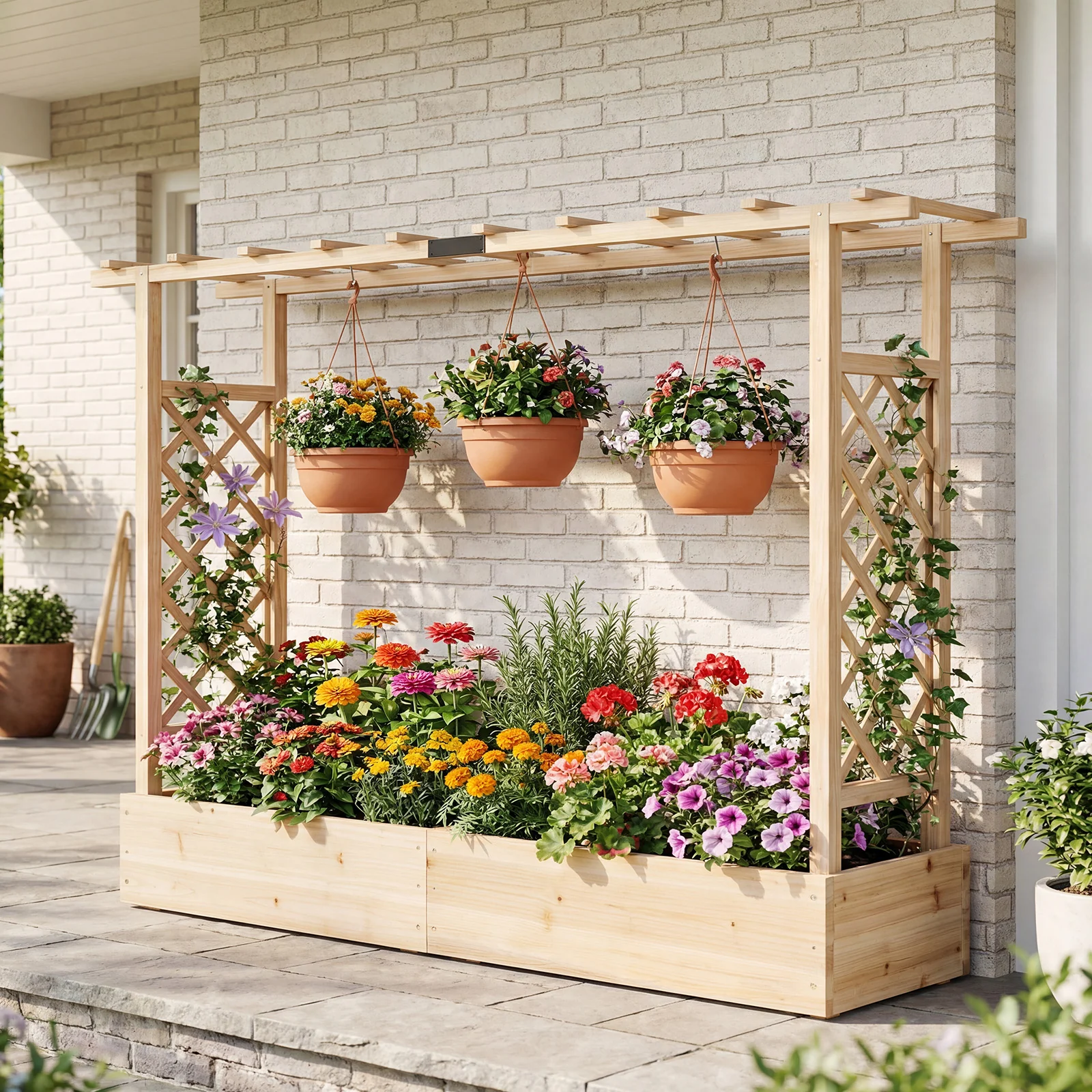 45 Inch Tall Wooden Raised Garden Bed with Side Trellis and Hanging Roof Drainage Holes, Natural - Image 3