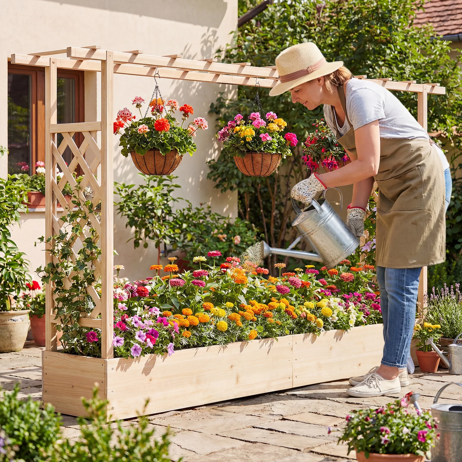 45 Inch Tall Wooden Raised Garden Bed with Side Trellis and Hanging Roof Drainage Holes, Natural - Image 6