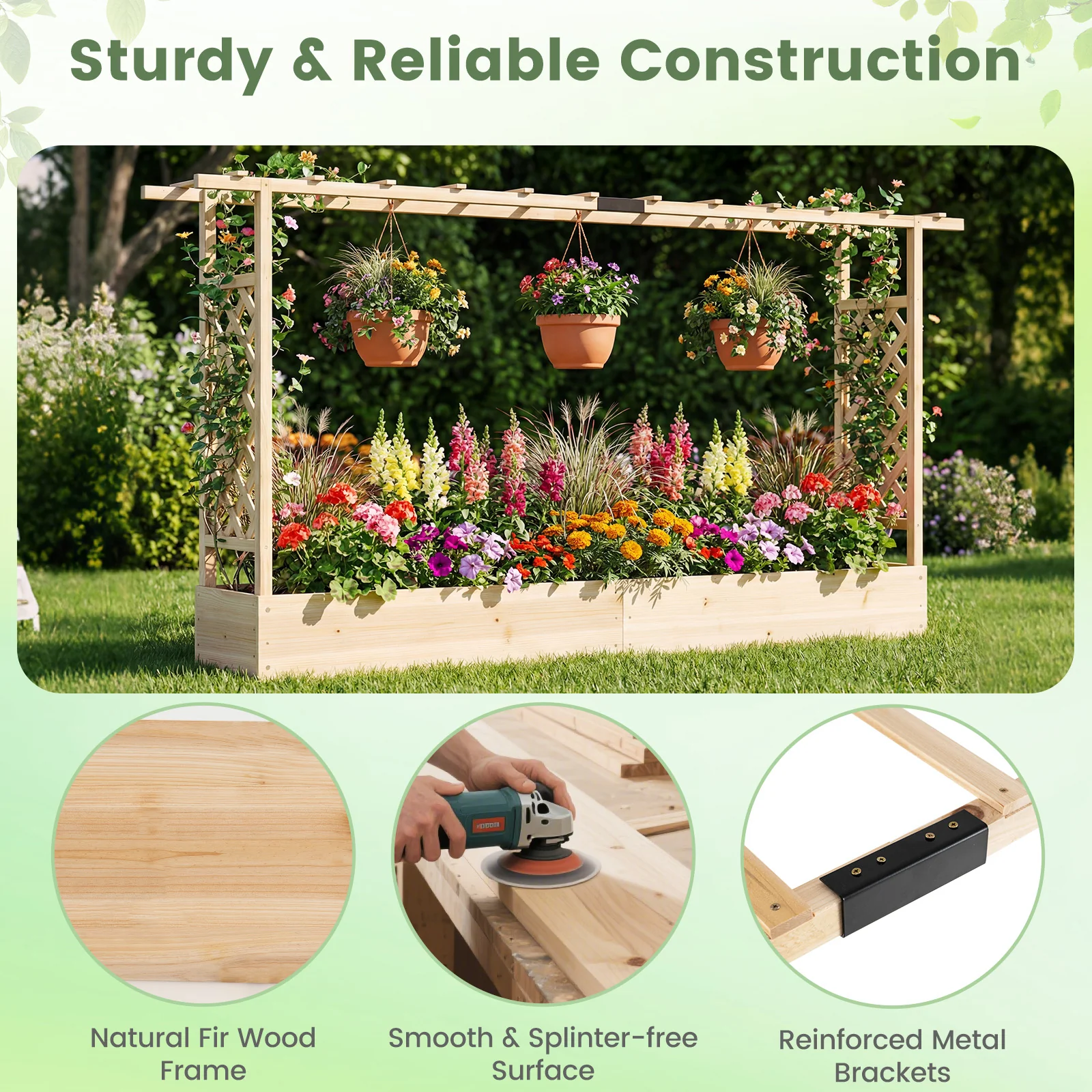 45 Inch Tall Wooden Raised Garden Bed with Side Trellis and Hanging Roof Drainage Holes, Natural - Image 7
