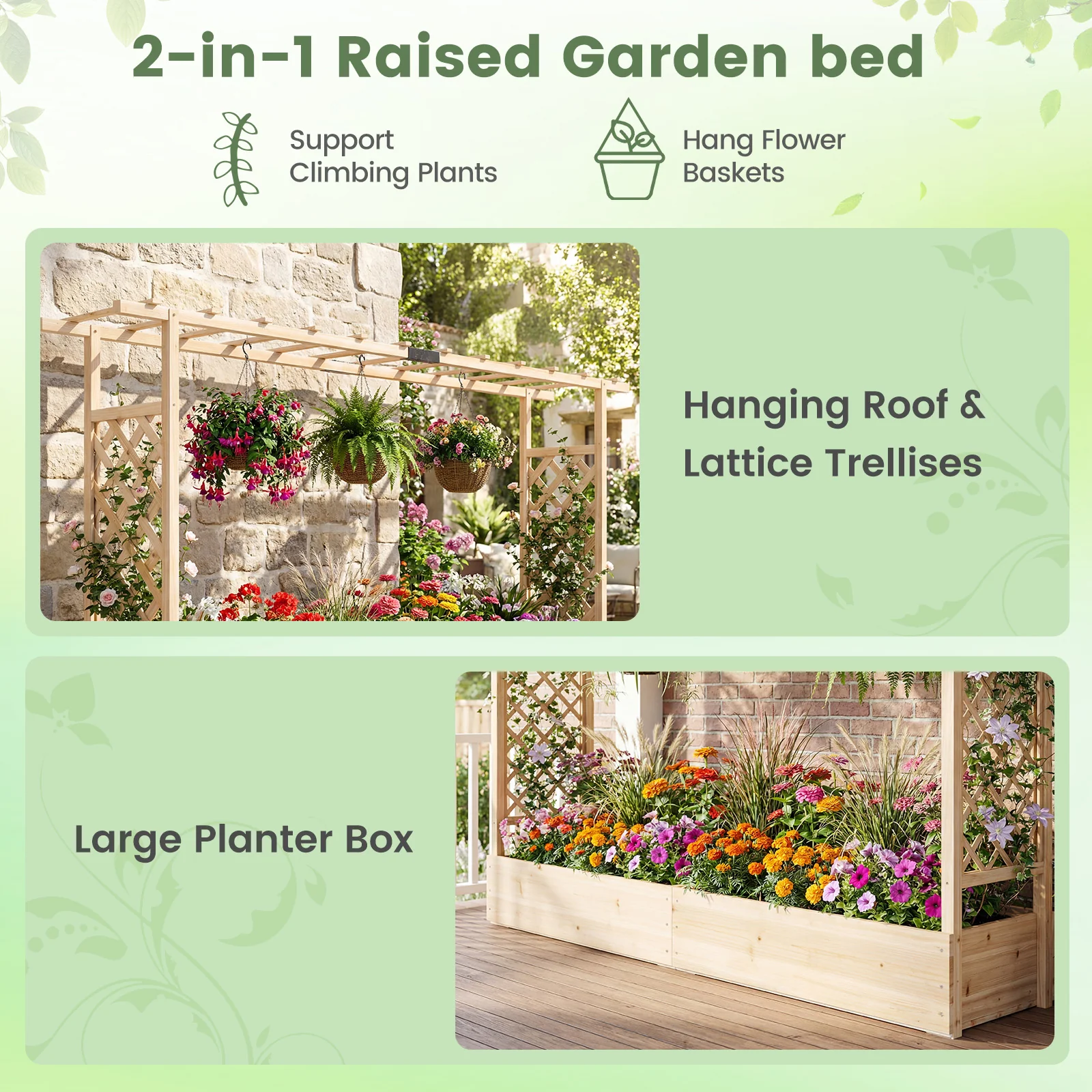 45 Inch Tall Wooden Raised Garden Bed with Side Trellis and Hanging Roof Drainage Holes, Natural - Image 8