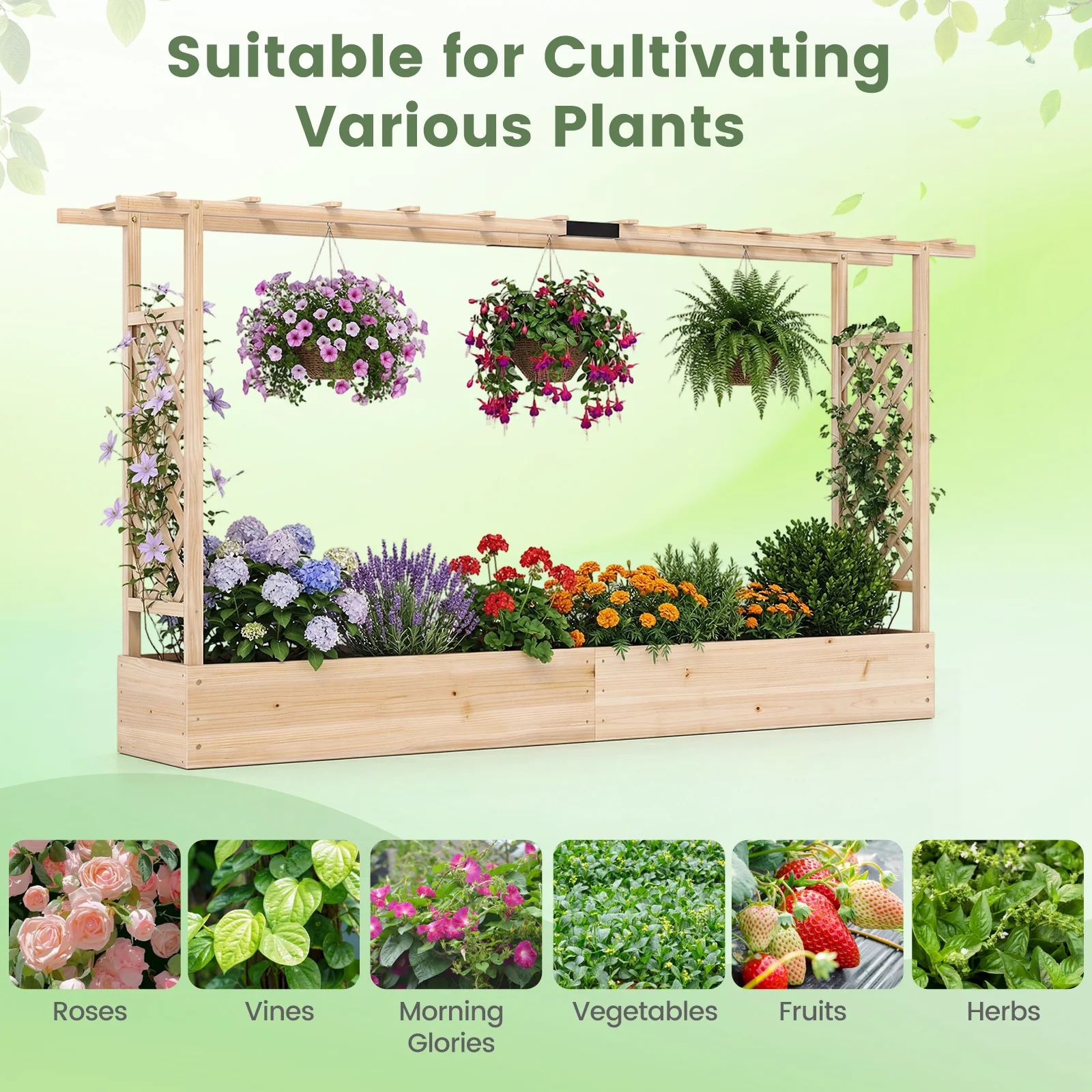 45 Inch Tall Wooden Raised Garden Bed with Side Trellis and Hanging Roof Drainage Holes, Natural - Image 9