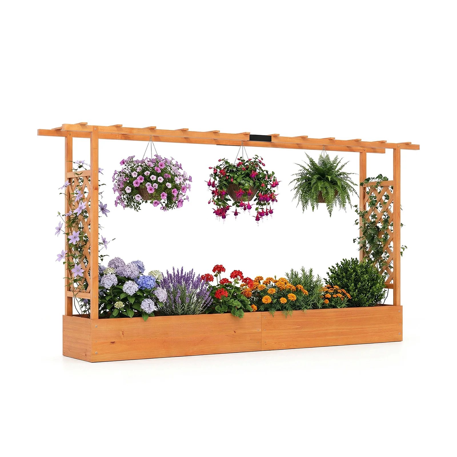 45 Inch Tall Wooden Raised Garden Bed with Side Trellis and Hanging Roof Drainage Holes, Orange