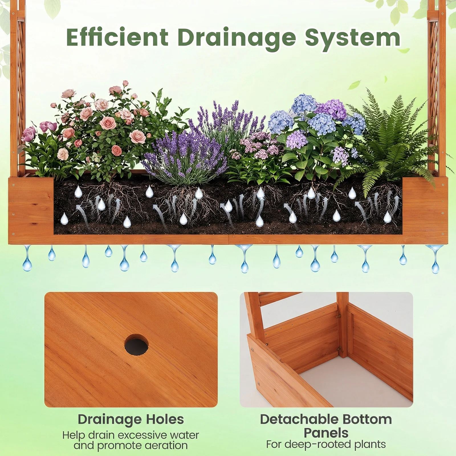 45 Inch Tall Wooden Raised Garden Bed with Side Trellis and Hanging Roof Drainage Holes, Orange - Image 10
