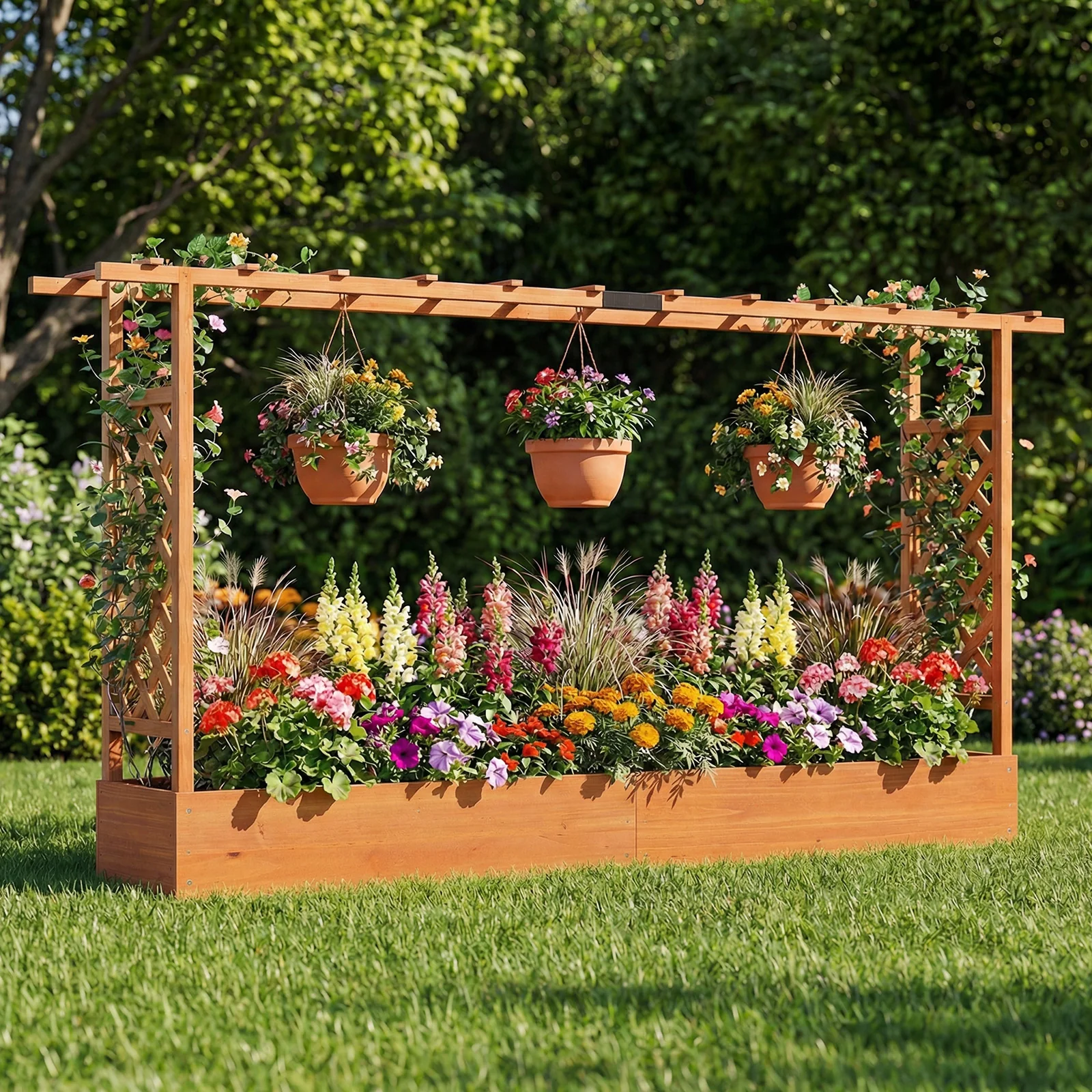 45 Inch Tall Wooden Raised Garden Bed with Side Trellis and Hanging Roof Drainage Holes, Orange - Image 2