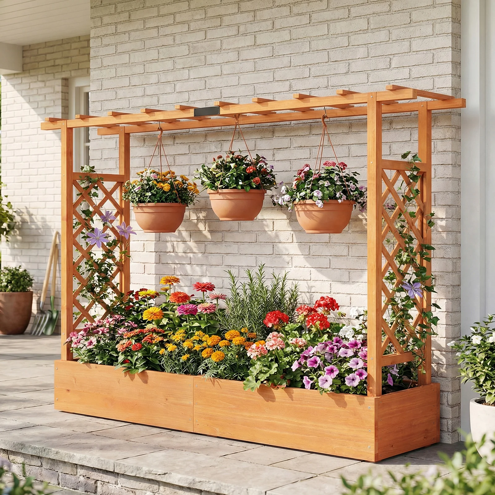 45 Inch Tall Wooden Raised Garden Bed with Side Trellis and Hanging Roof Drainage Holes, Orange - Image 3