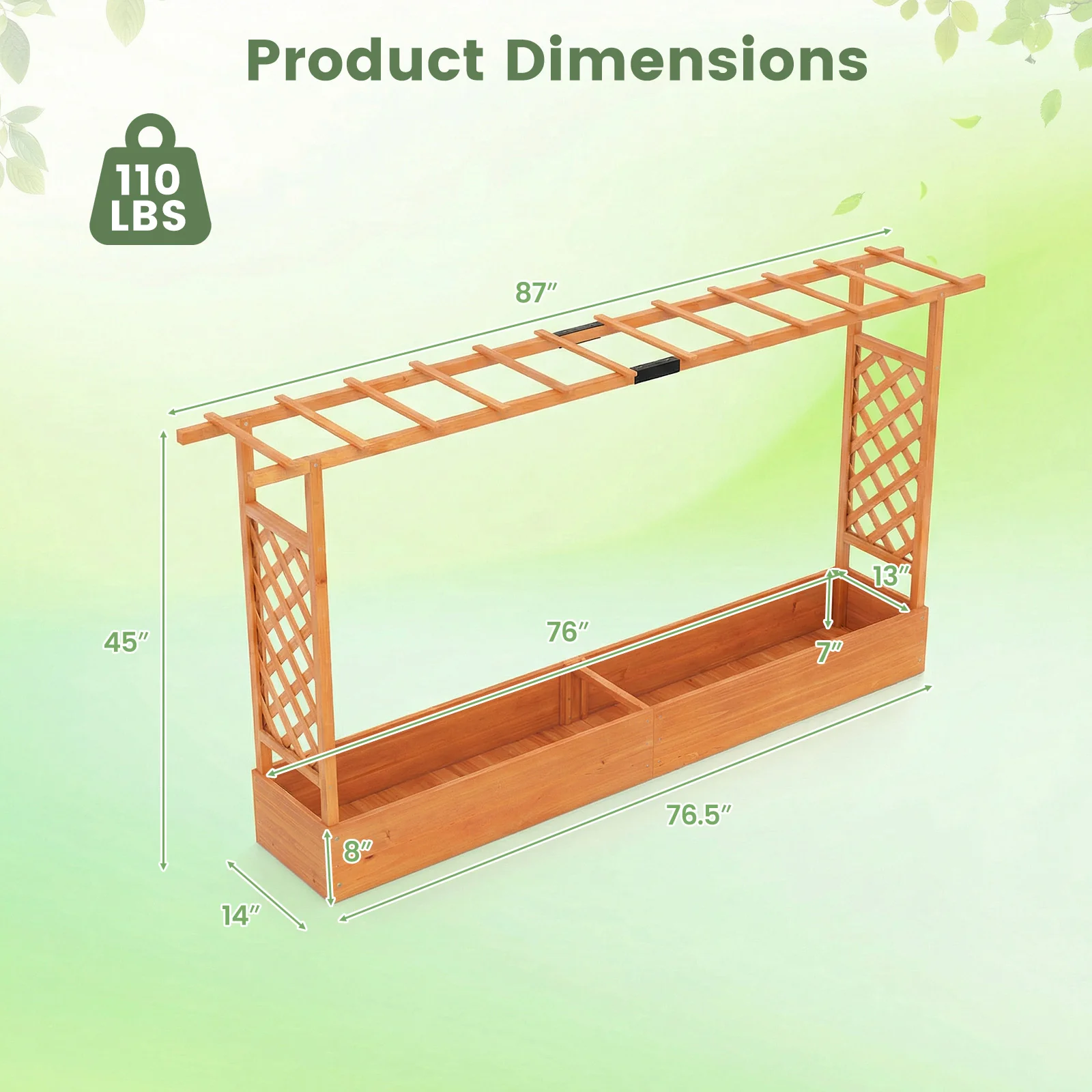 45 Inch Tall Wooden Raised Garden Bed with Side Trellis and Hanging Roof Drainage Holes, Orange - Image 5