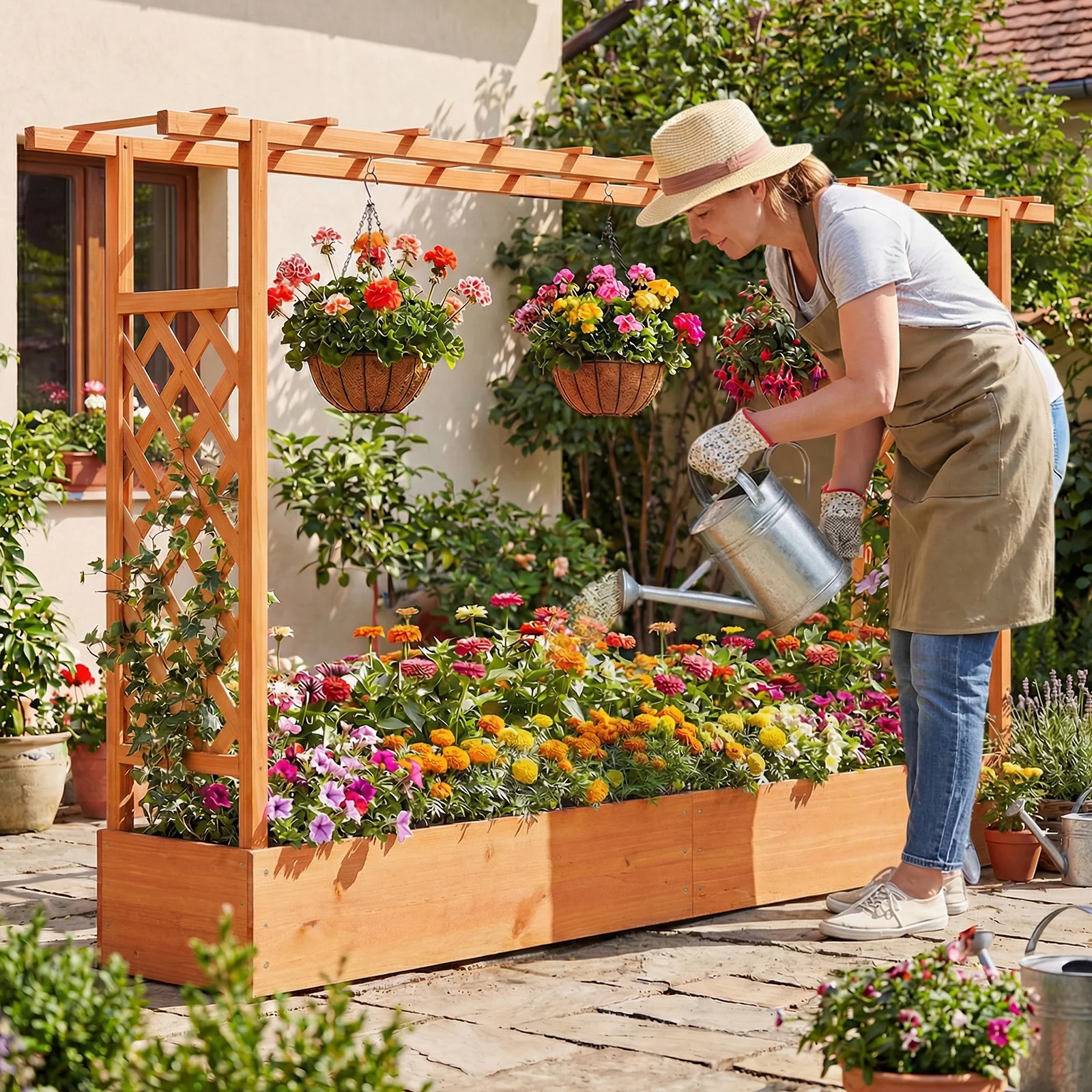 45 Inch Tall Wooden Raised Garden Bed with Side Trellis and Hanging Roof Drainage Holes, Orange - Image 6