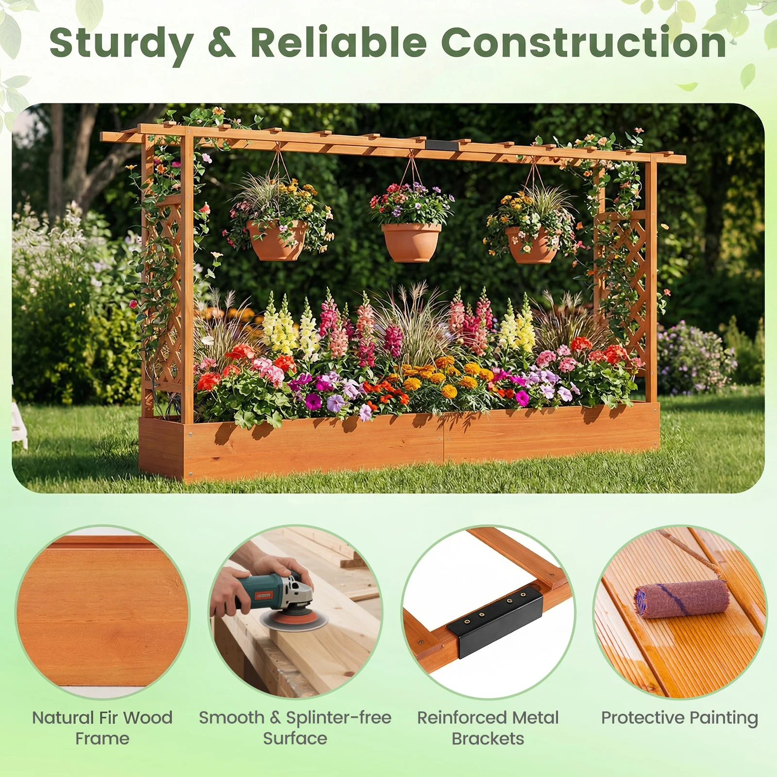 45 Inch Tall Wooden Raised Garden Bed with Side Trellis and Hanging Roof Drainage Holes, Orange - Image 7