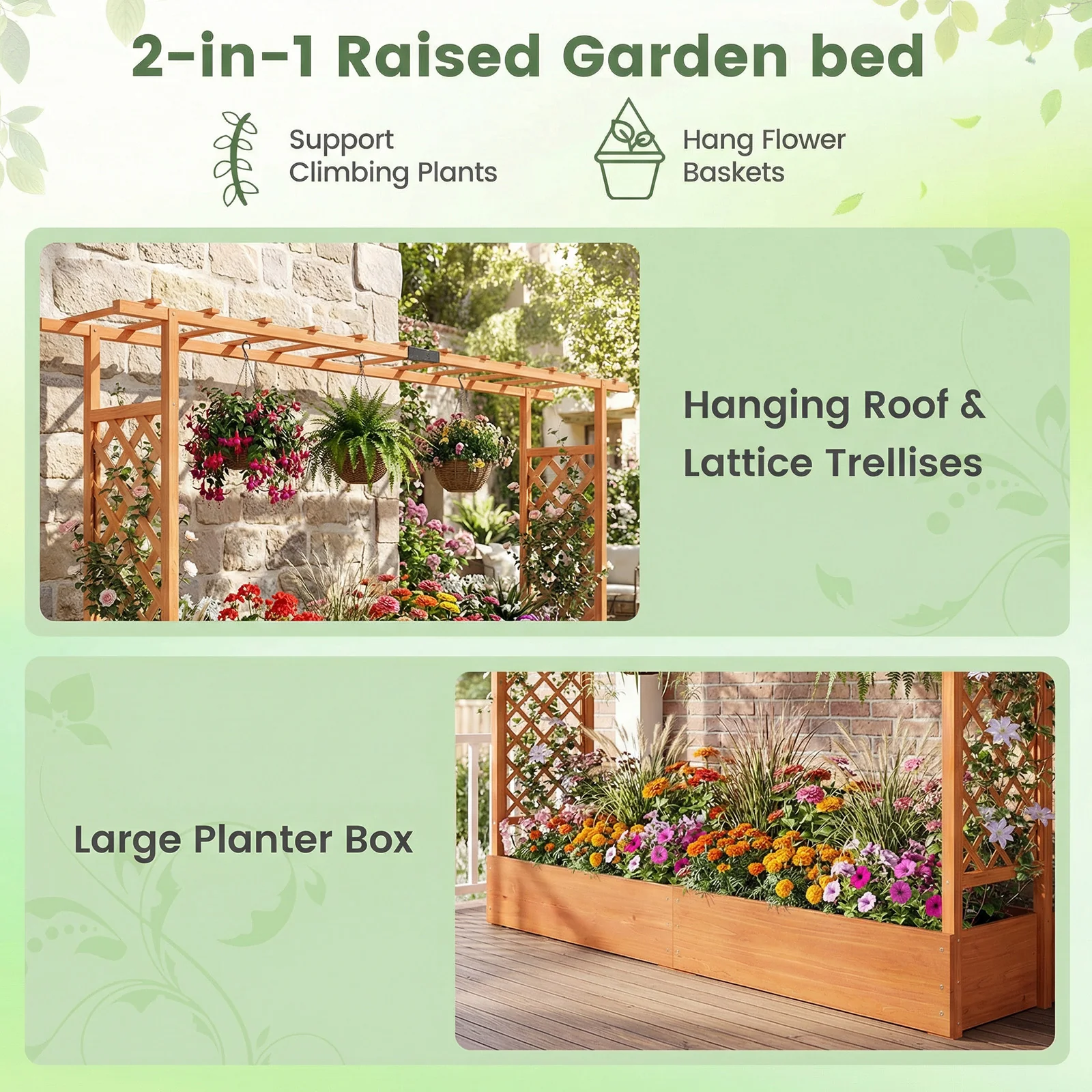 45 Inch Tall Wooden Raised Garden Bed with Side Trellis and Hanging Roof Drainage Holes, Orange - Image 8