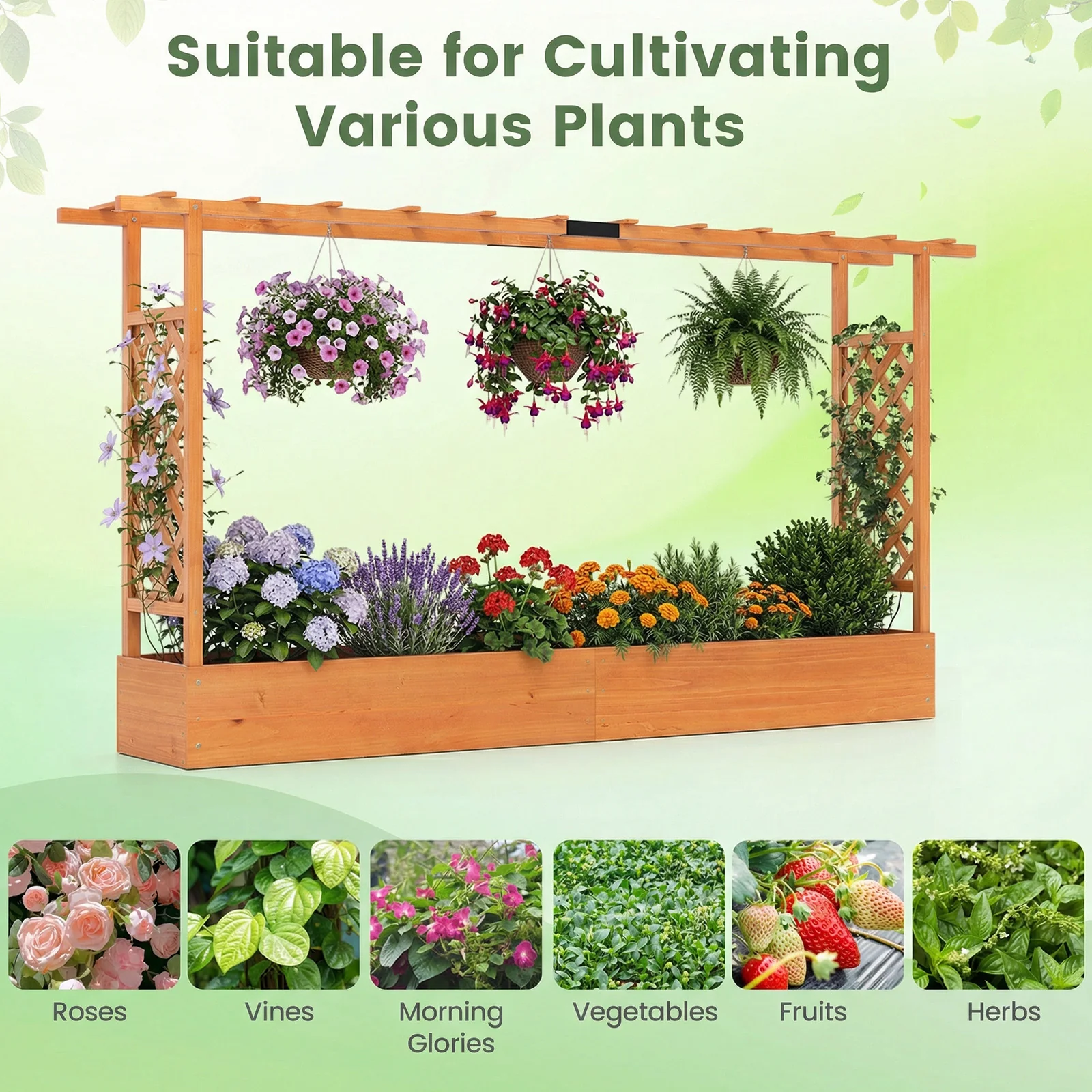 45 Inch Tall Wooden Raised Garden Bed with Side Trellis and Hanging Roof Drainage Holes, Orange - Image 9