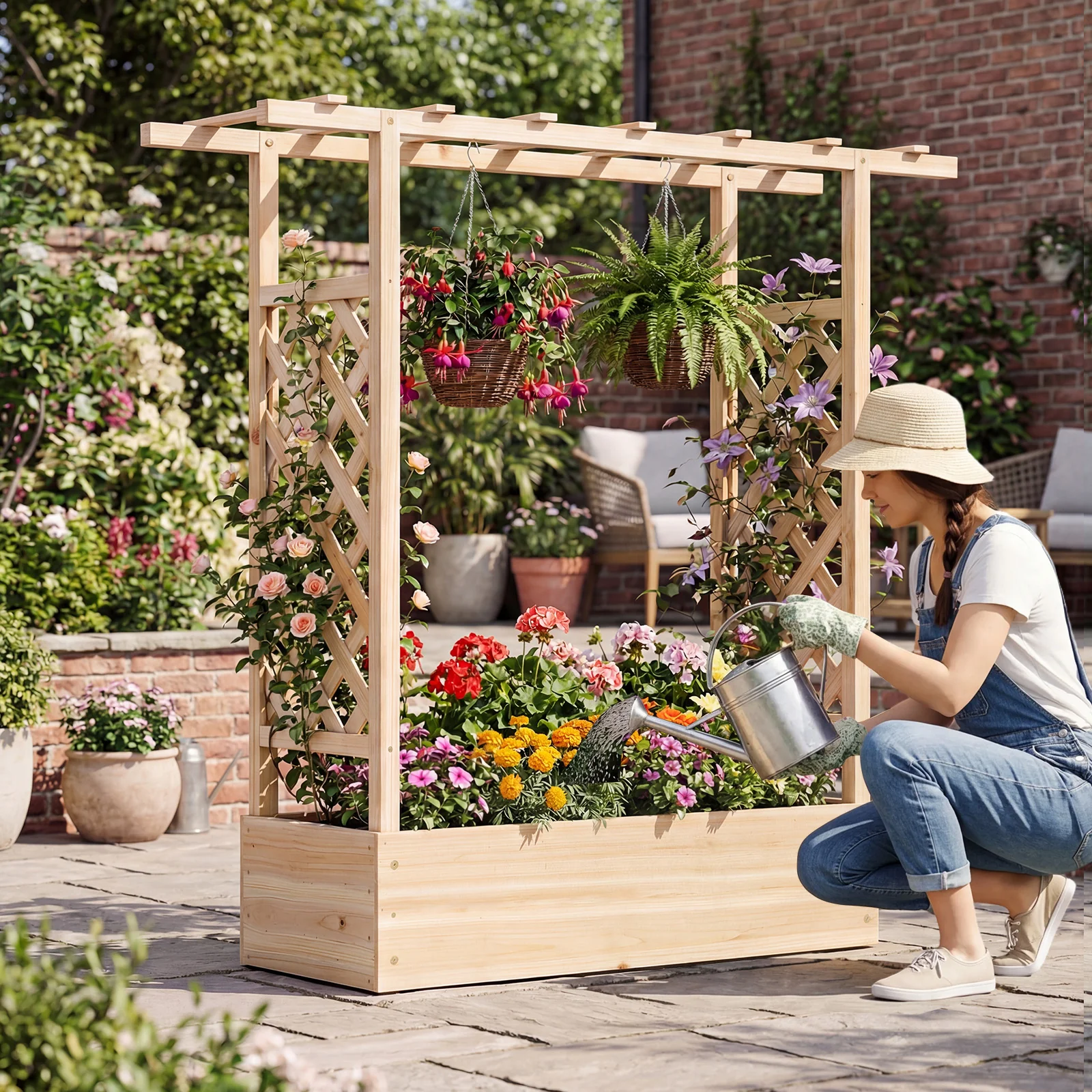 45 inch Tall Wooden Raised Garden Bed with Side Trellis and Hanging Roof, Natural - Image 2