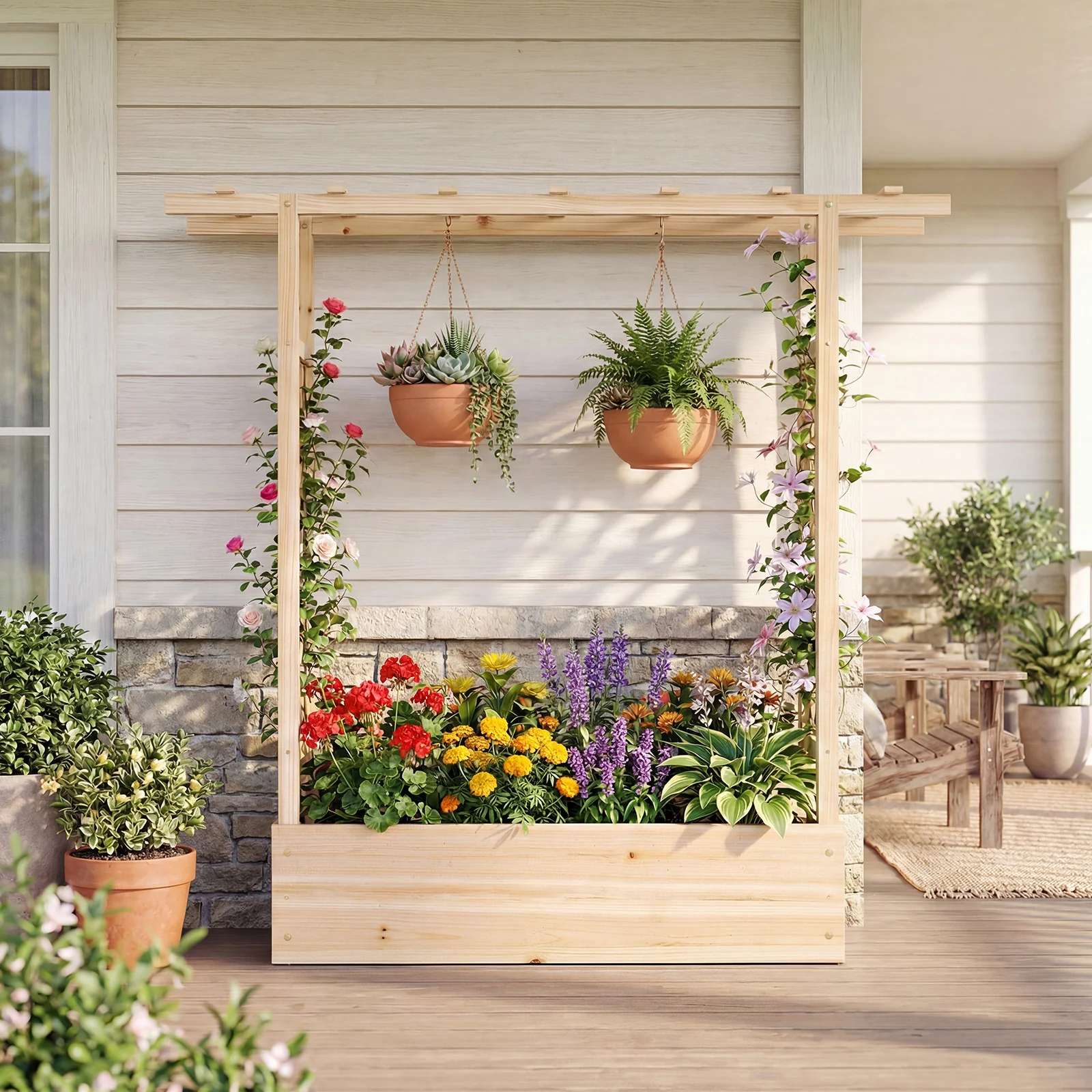 45 inch Tall Wooden Raised Garden Bed with Side Trellis and Hanging Roof, Natural - Image 3
