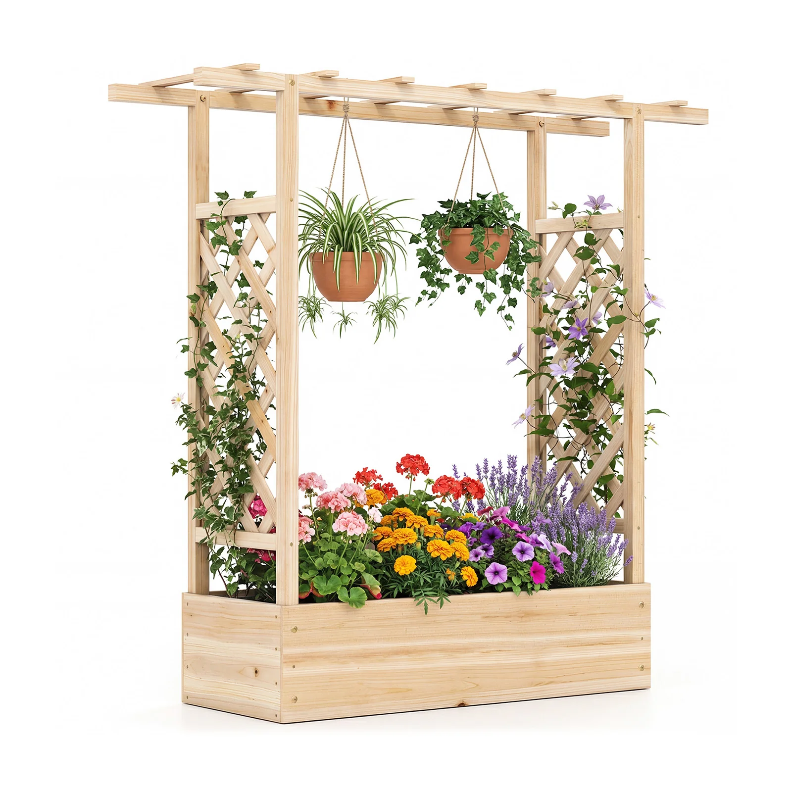 45 inch Tall Wooden Raised Garden Bed with Side Trellis and Hanging Roof, Natural - Image 4