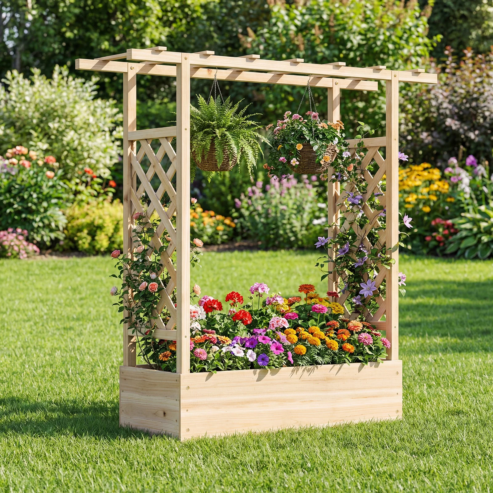 45 inch Tall Wooden Raised Garden Bed with Side Trellis and Hanging Roof, Natural - Image 6
