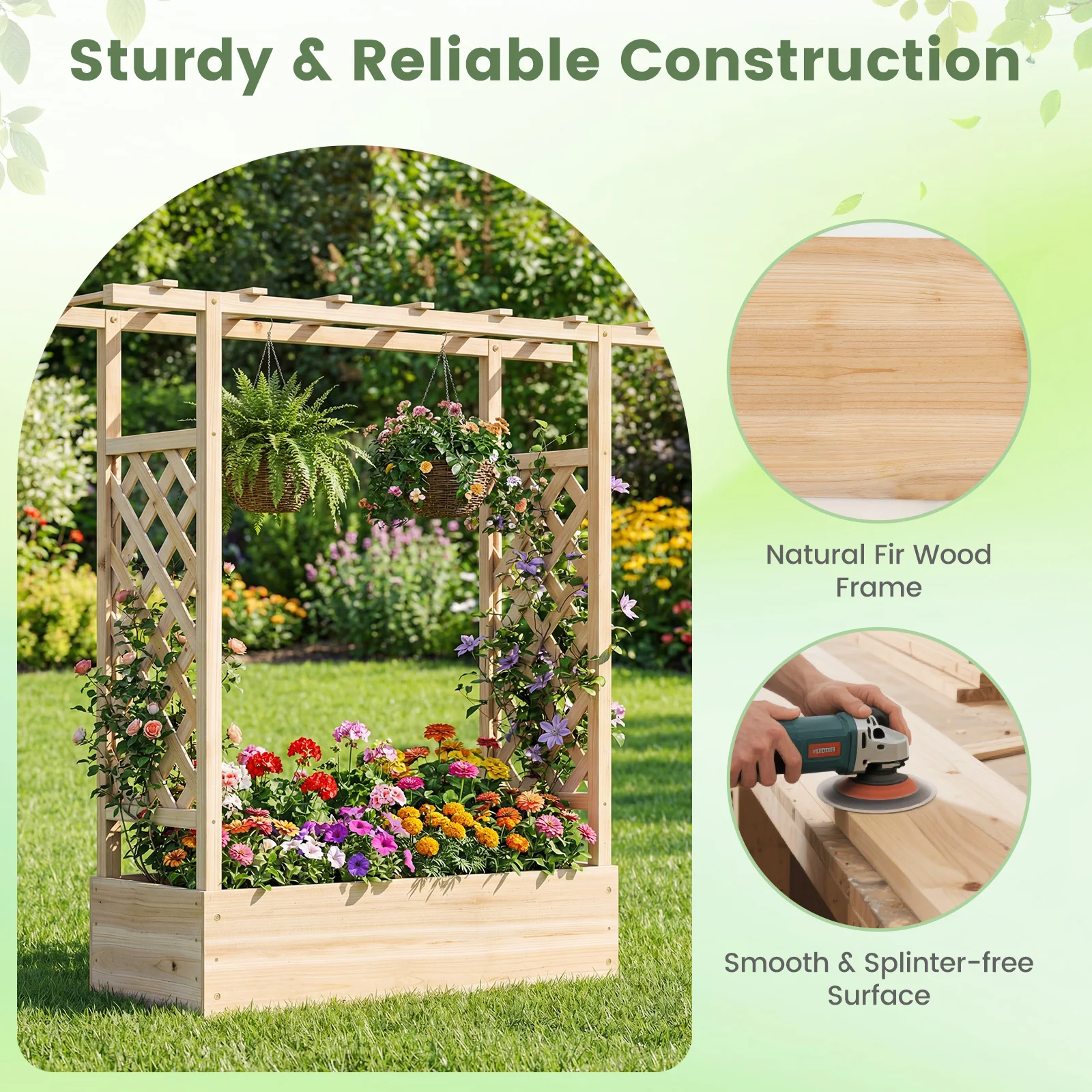 45 inch Tall Wooden Raised Garden Bed with Side Trellis and Hanging Roof, Natural - Image 7