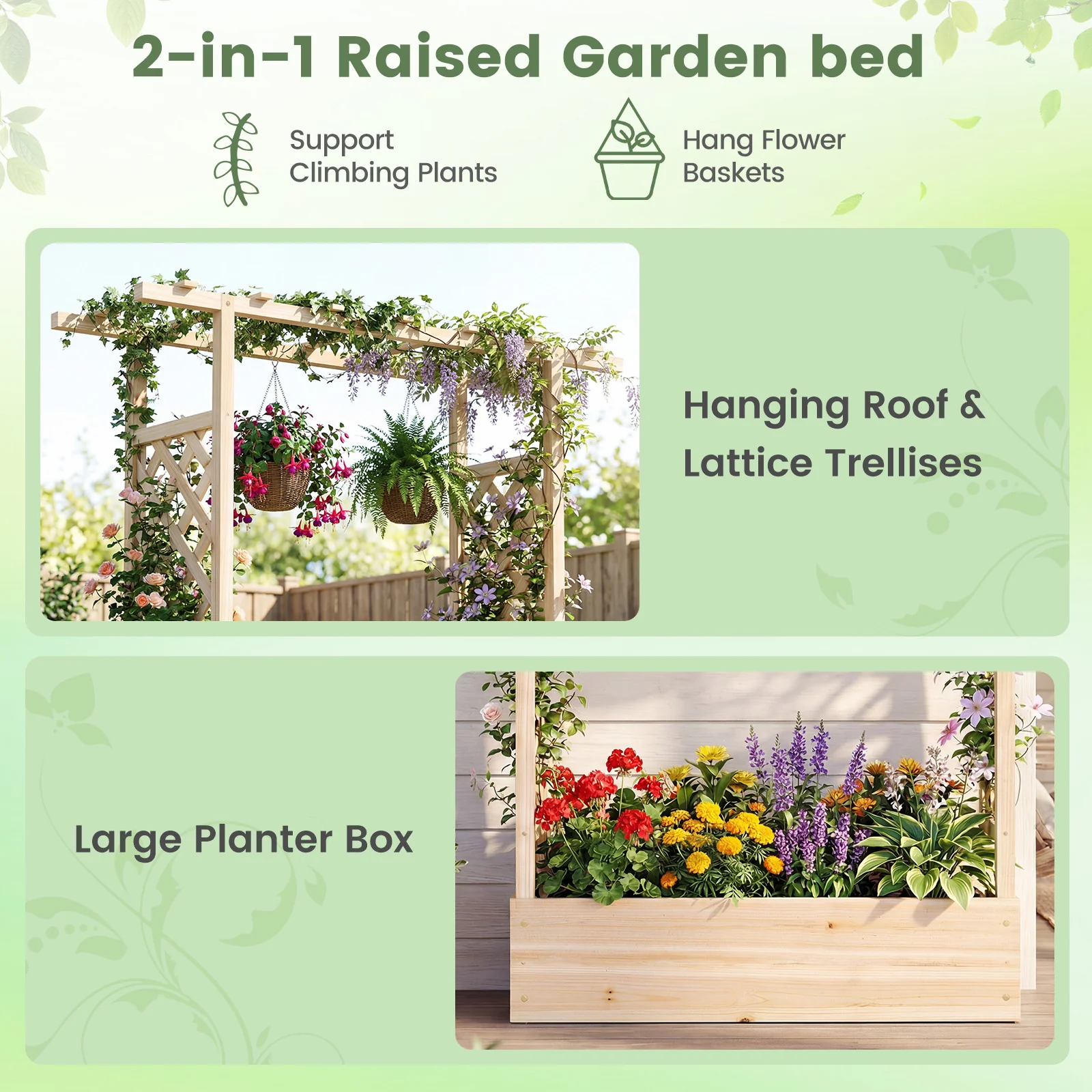 45 inch Tall Wooden Raised Garden Bed with Side Trellis and Hanging Roof, Natural - Image 8