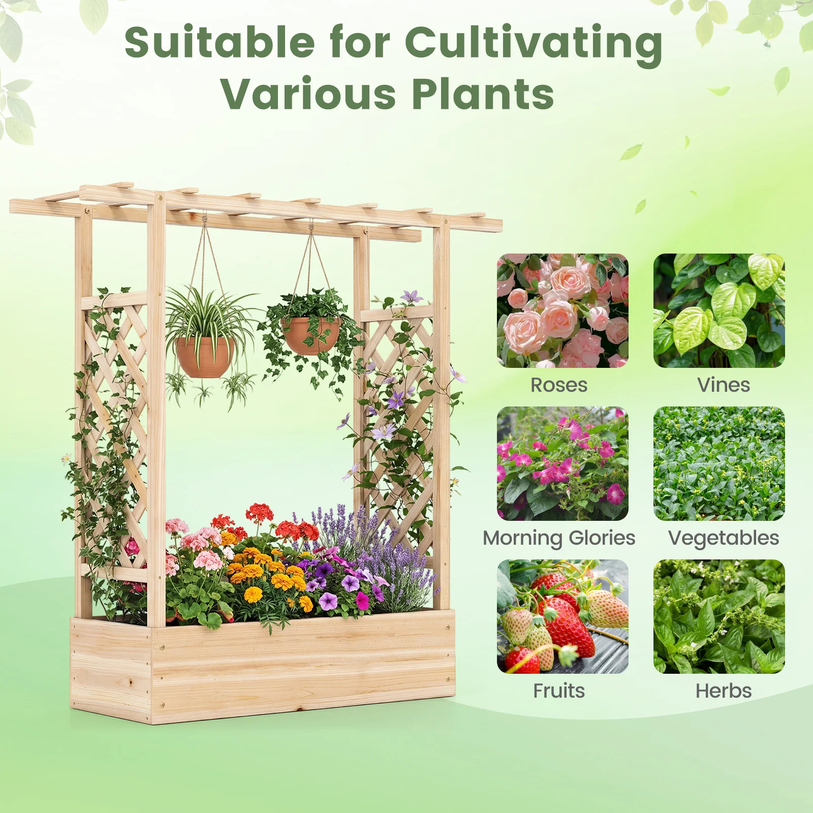 45 inch Tall Wooden Raised Garden Bed with Side Trellis and Hanging Roof, Natural - Image 9
