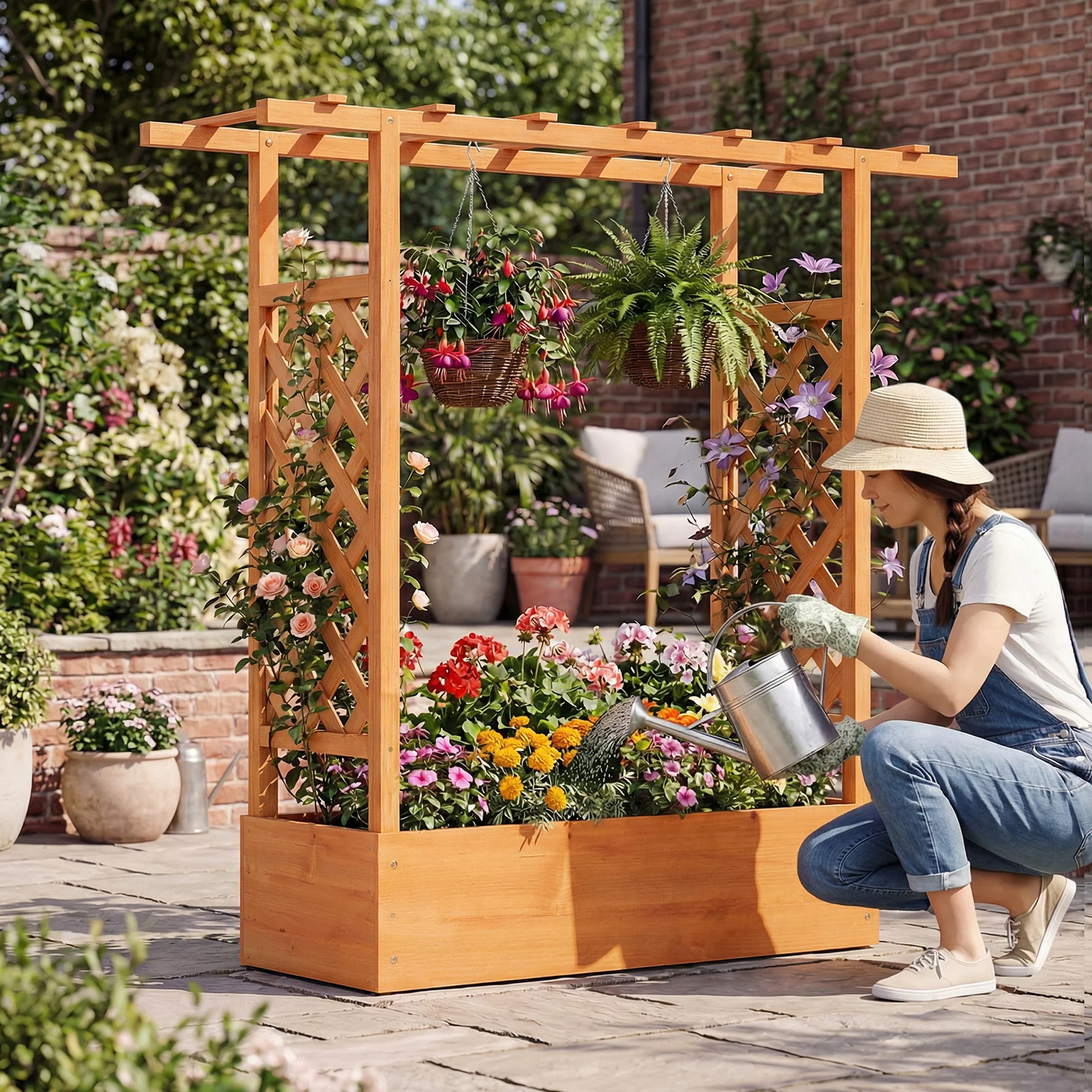 45 inch Tall Wooden Raised Garden Bed with Side Trellis and Hanging Roof, Orange - Image 2