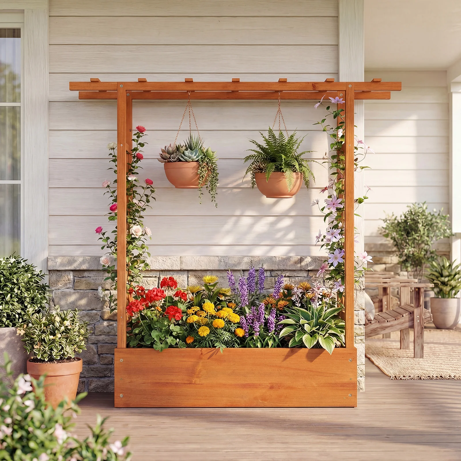45 inch Tall Wooden Raised Garden Bed with Side Trellis and Hanging Roof, Orange - Image 3