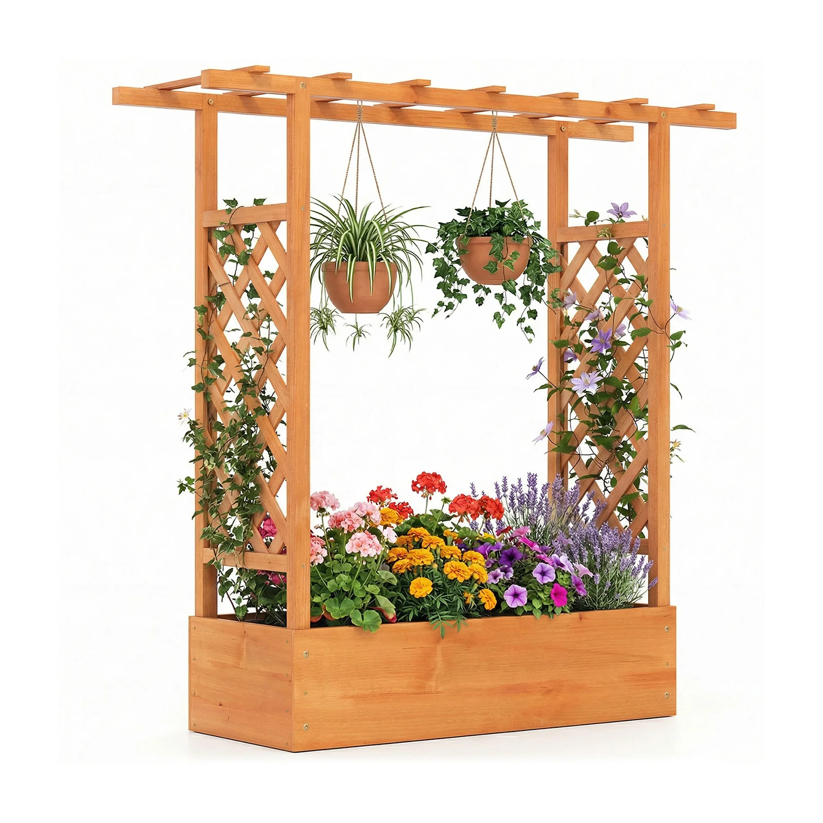 45 inch Tall Wooden Raised Garden Bed with Side Trellis and Hanging Roof, Orange - Image 4
