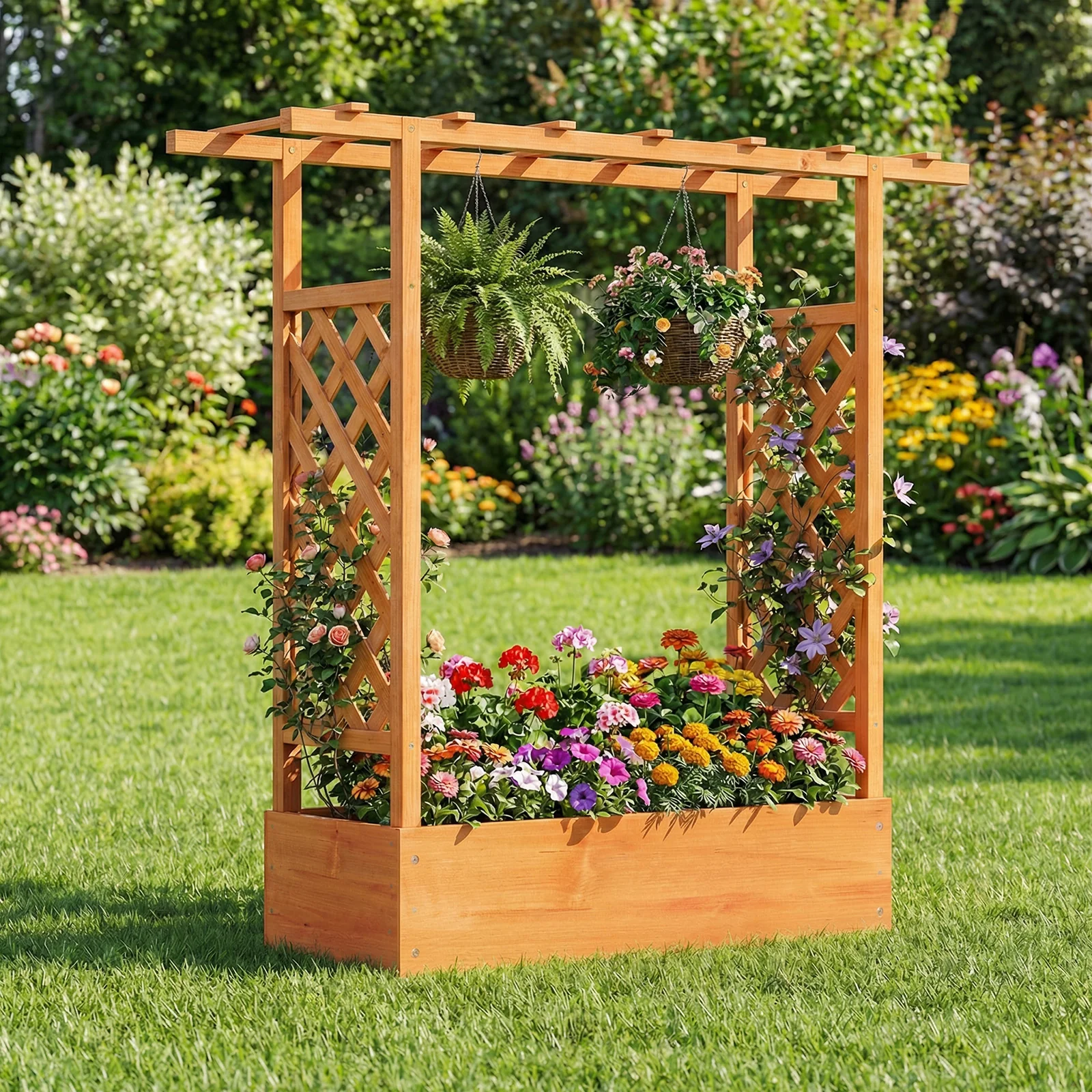 45 inch Tall Wooden Raised Garden Bed with Side Trellis and Hanging Roof, Orange - Image 6