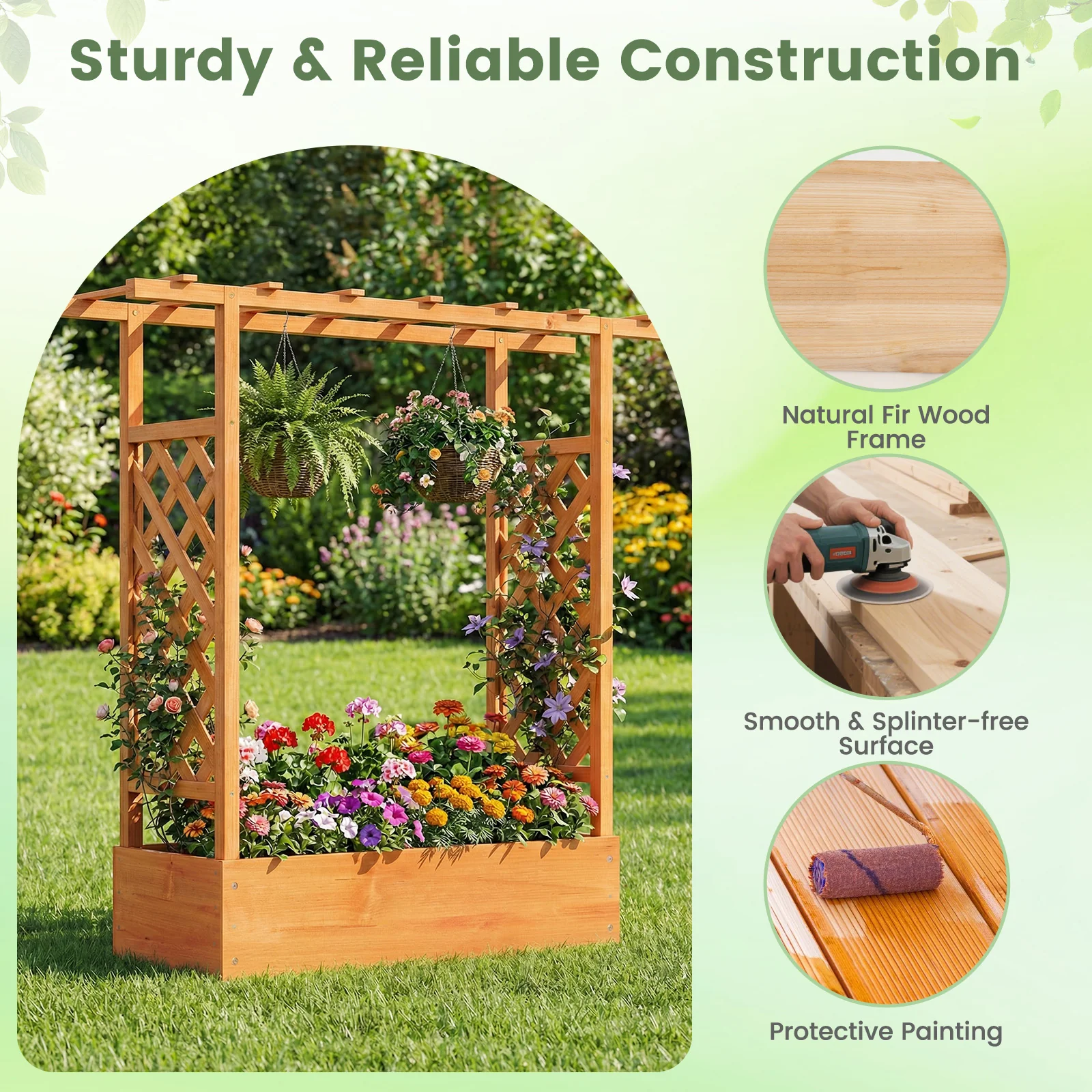 45 inch Tall Wooden Raised Garden Bed with Side Trellis and Hanging Roof, Orange - Image 7