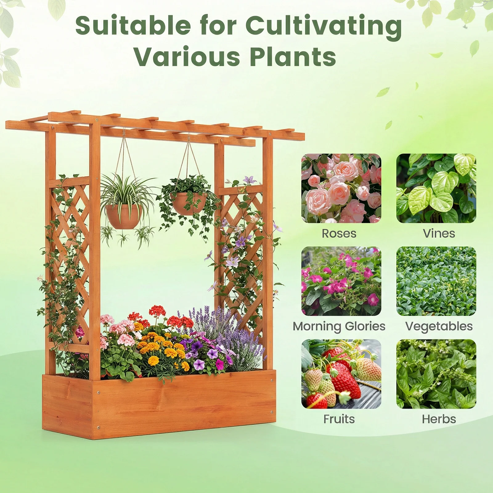 45 inch Tall Wooden Raised Garden Bed with Side Trellis and Hanging Roof, Orange - Image 9