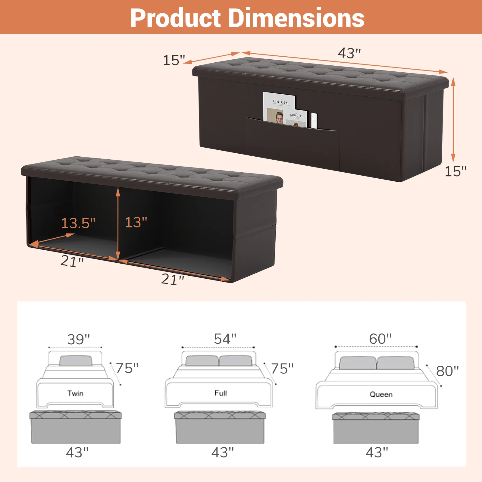 45 Inches Large Folding Ottoman Storage Seat, Brown - Image 5