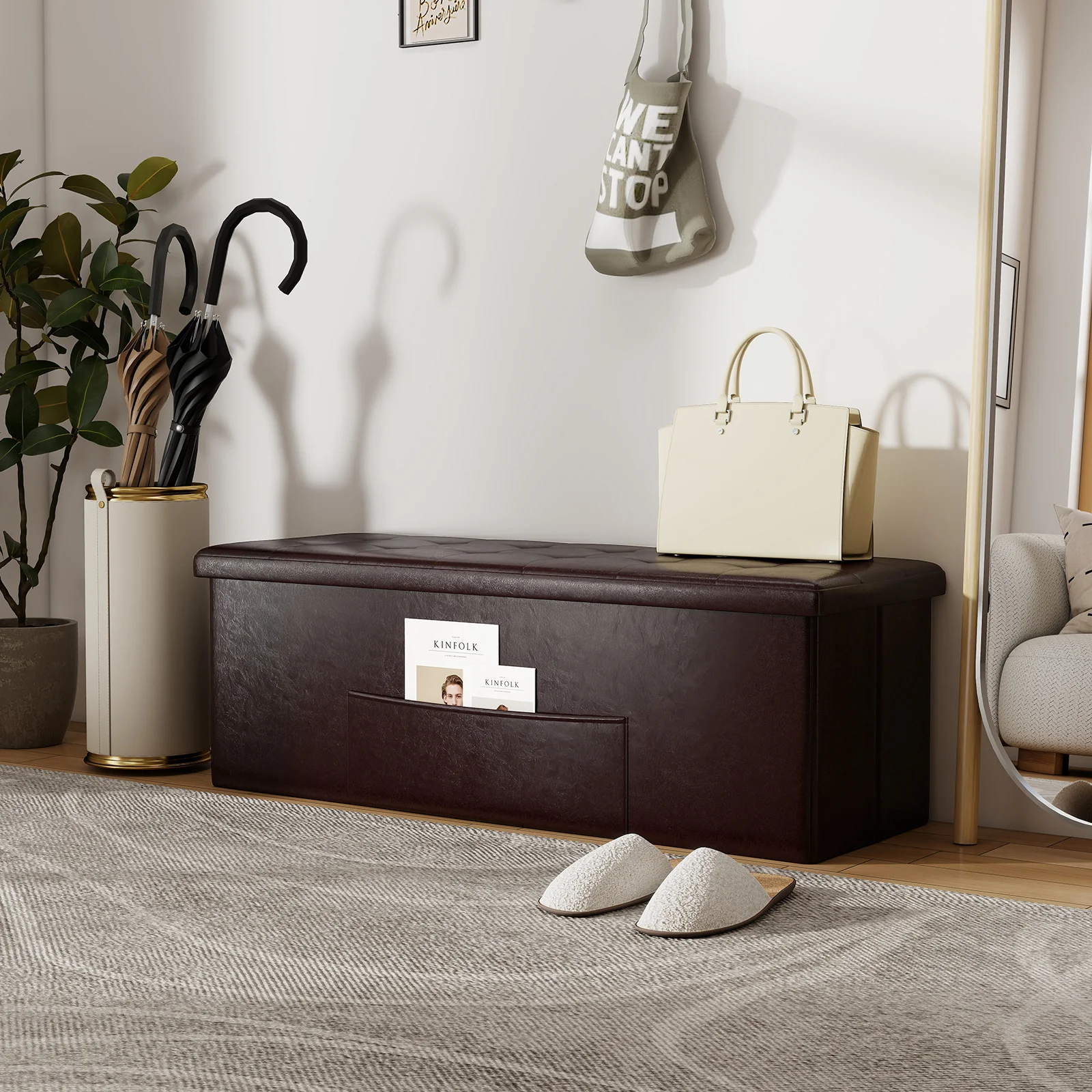 45 Inches Large Folding Ottoman Storage Seat, Brown - Image 6