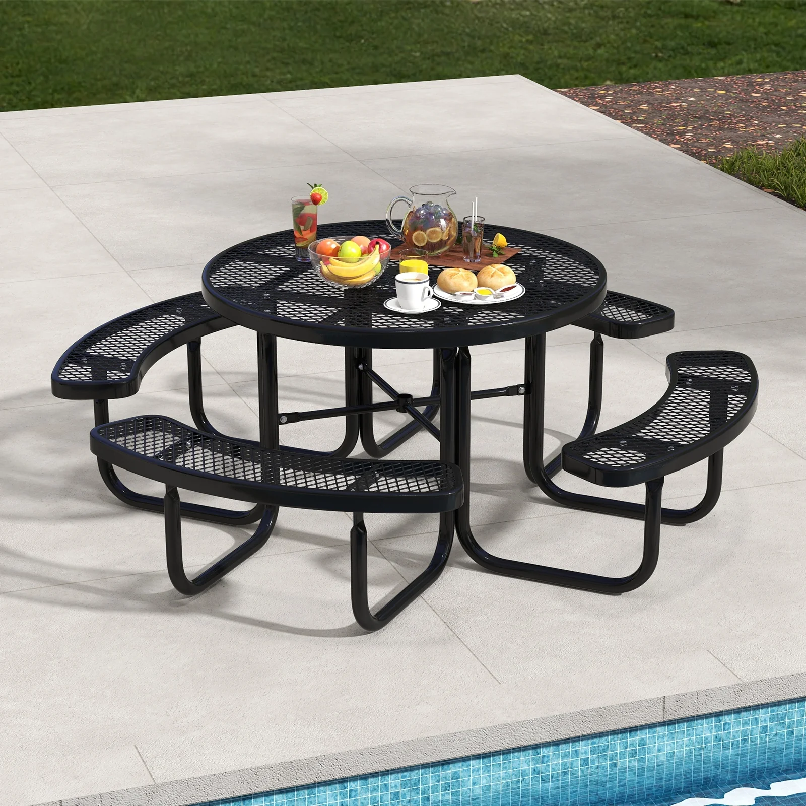 45 Inches Round Picnic Table And Bench Set For 8, Black - Image 3