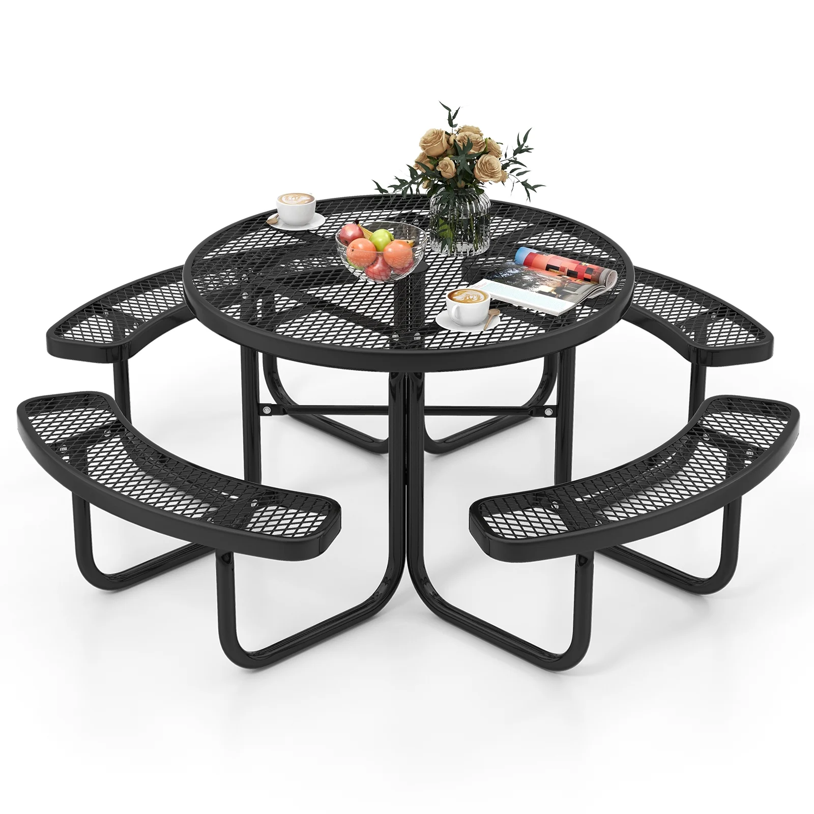 45 Inches Round Picnic Table And Bench Set For 8, Black - Image 4
