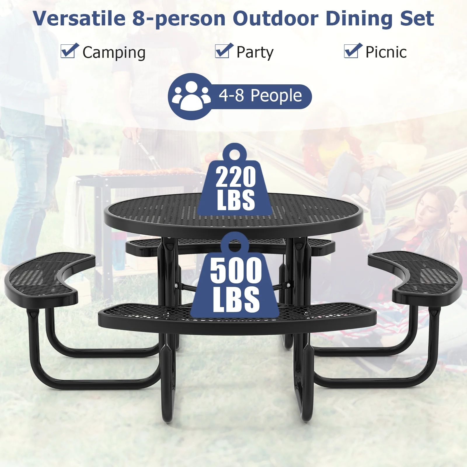 45 Inches Round Picnic Table And Bench Set For 8, Black - Image 7