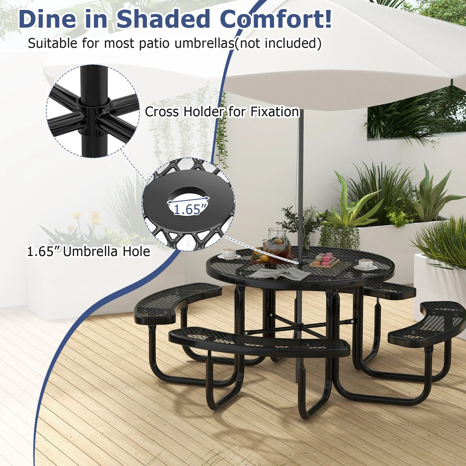 45 Inches Round Picnic Table And Bench Set For 8, Black - Image 9