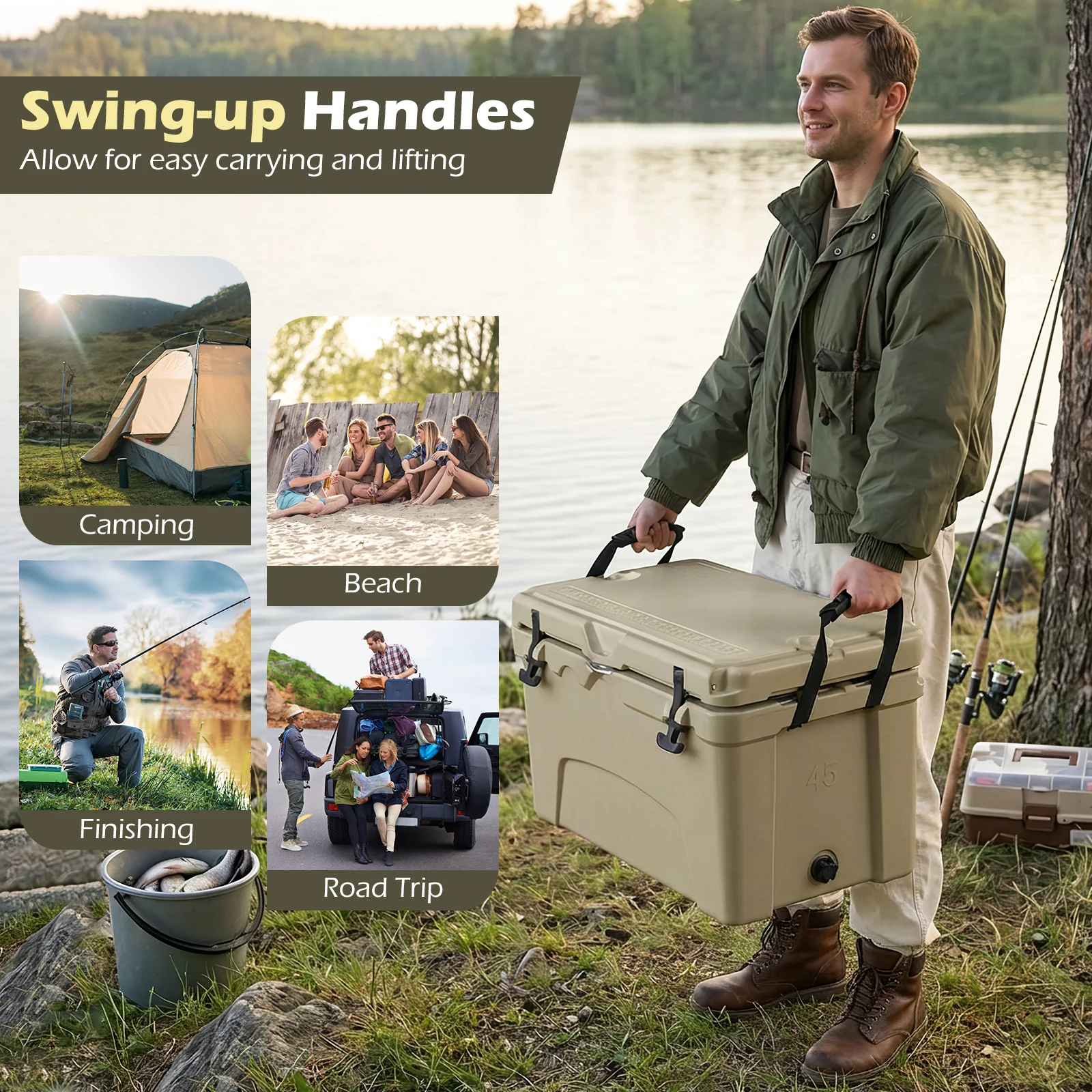 45 Quart Portable Hard Cooler, Insulated Ice Chest, Khaki - Image 10