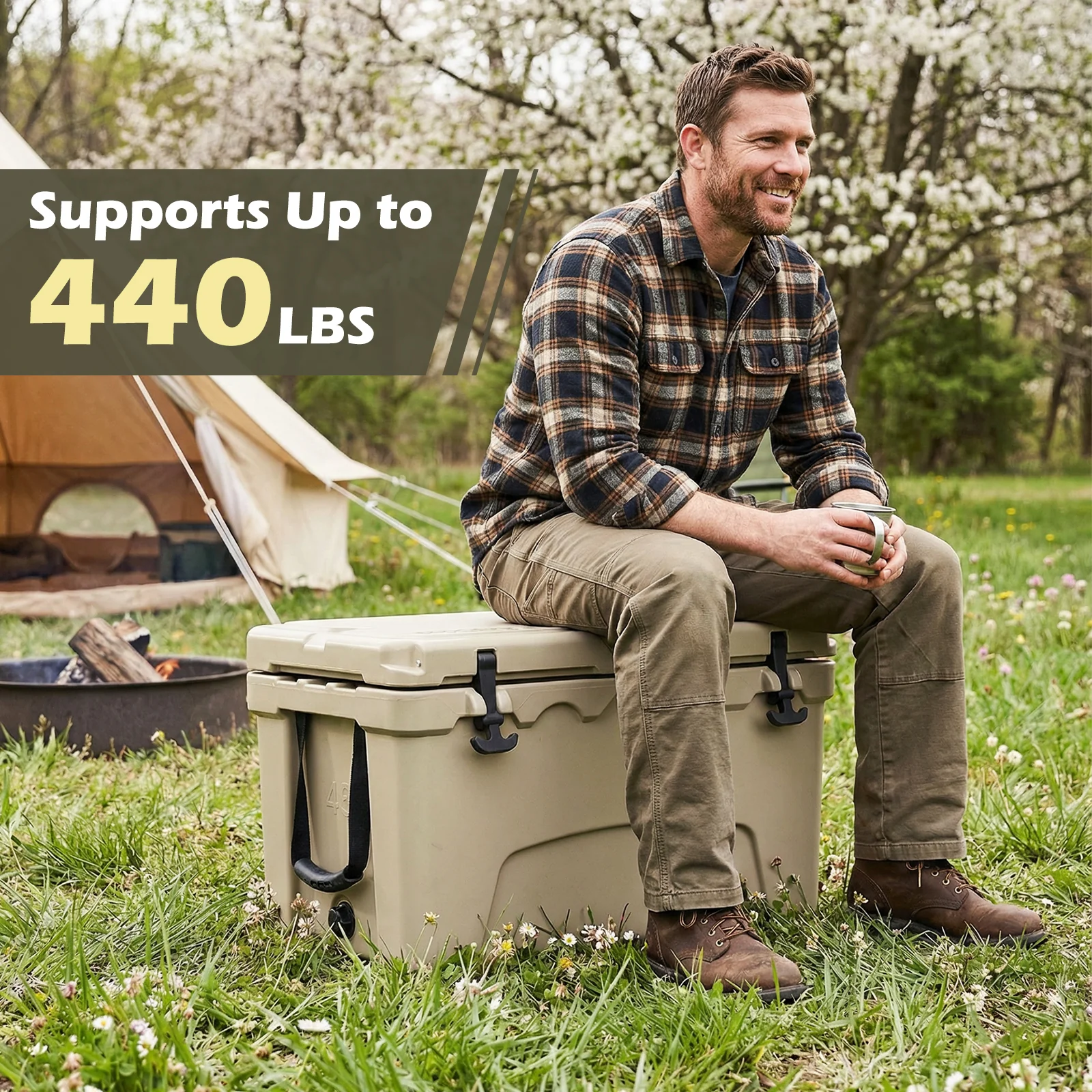 45 Quart Portable Hard Cooler, Insulated Ice Chest, Khaki - Image 9