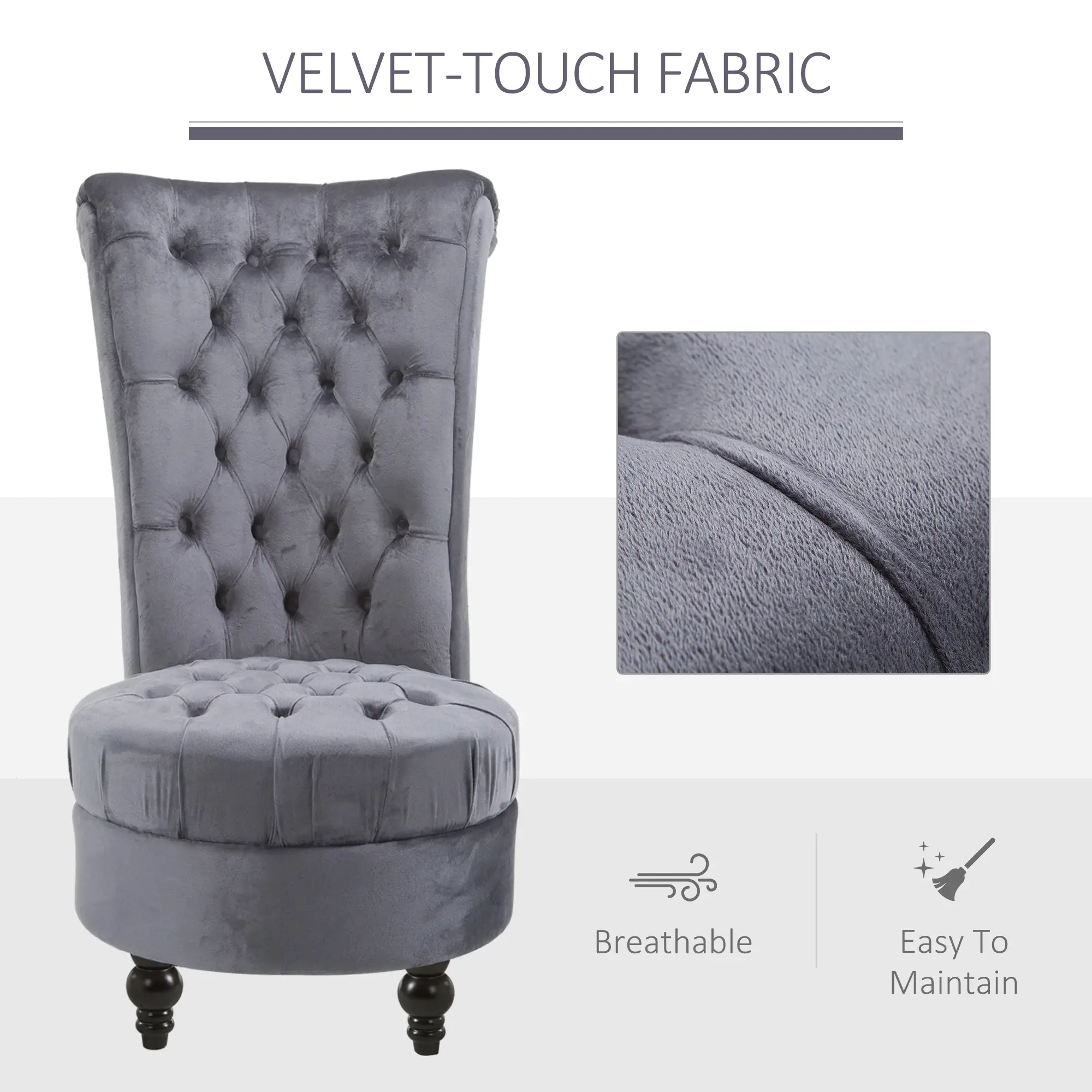 45" Tufted High Back Velvet Accent Chair, Soft Padded Lounge, Ash Grey - Image 6