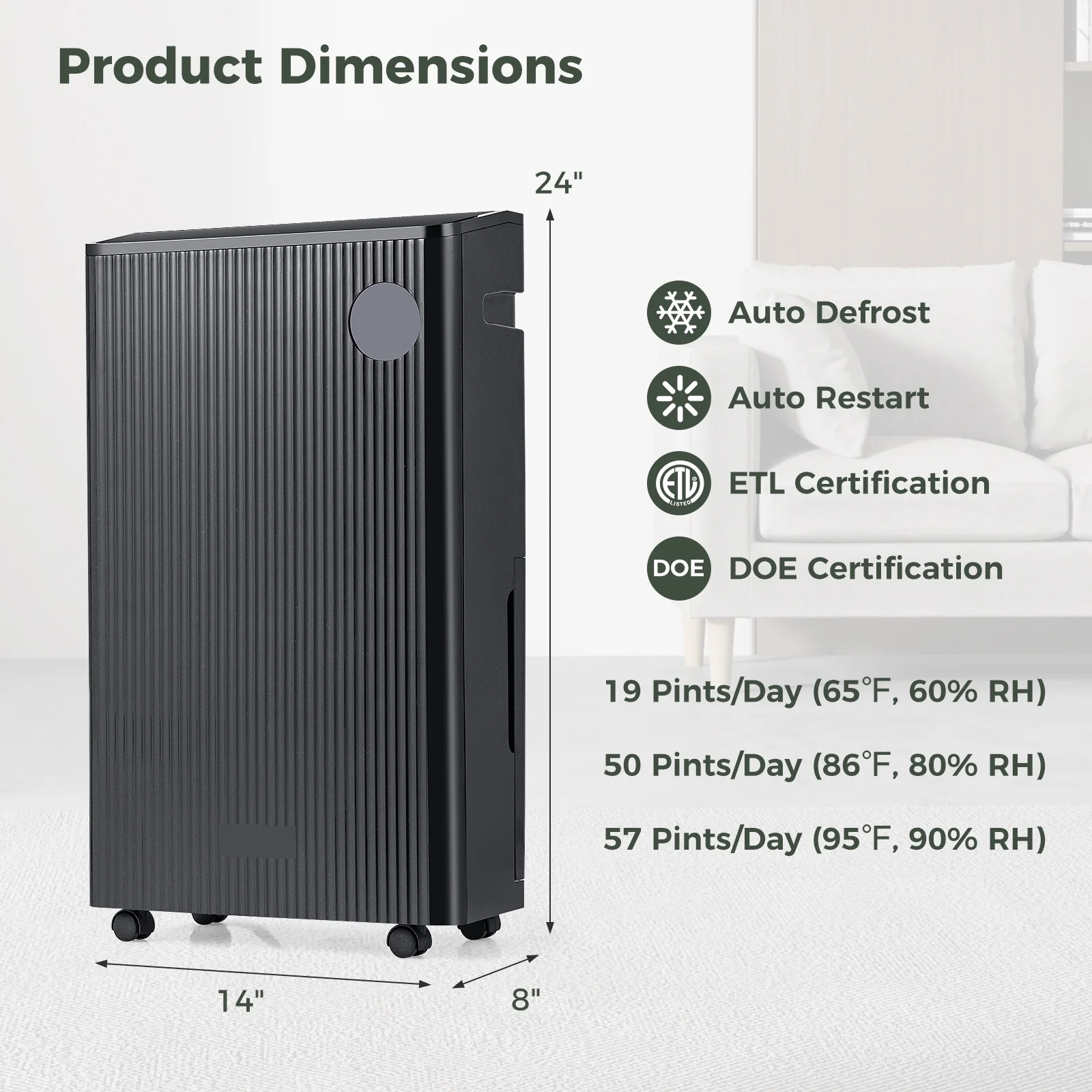 4500 Sq. Ft 57 Pint Quiet Dehumidifier, Basement, 4 Modes, Black - Image 5