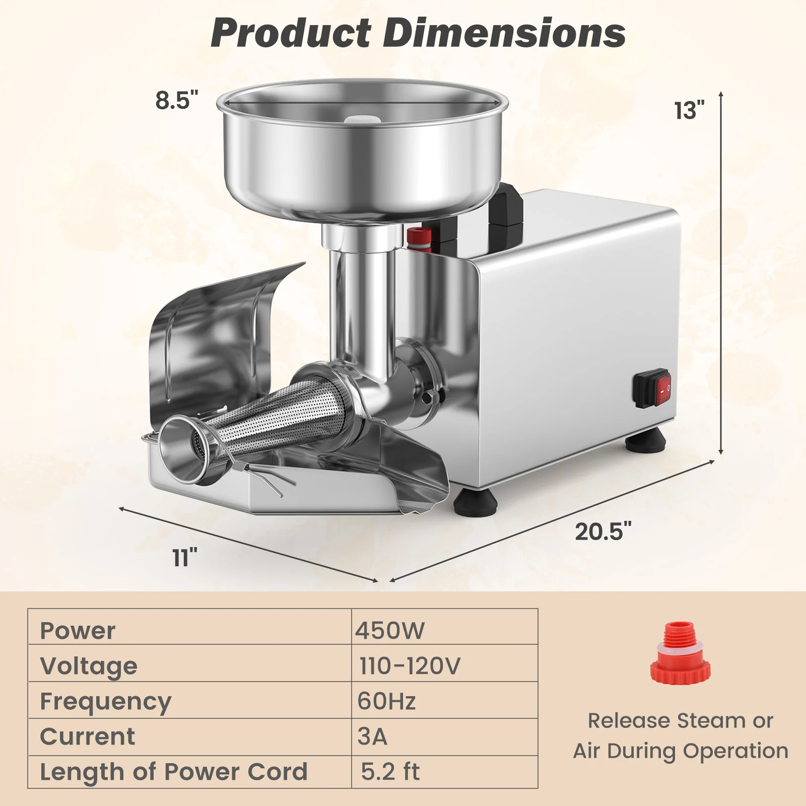 450W Electric Tomato Strainer, Stainless Steel Sauce Maker, Silver - Image 4