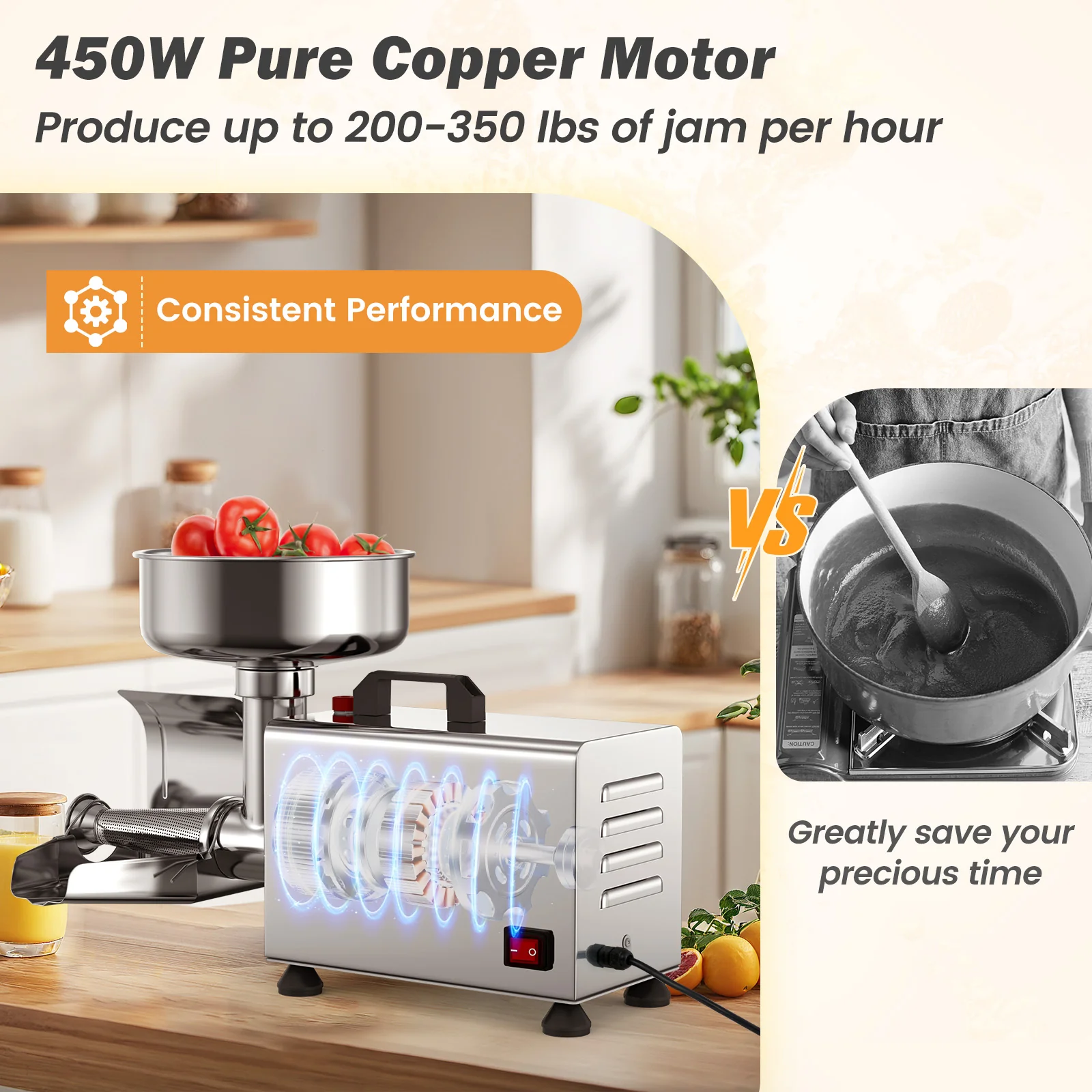450W Electric Tomato Strainer, Stainless Steel Sauce Maker, Silver - Image 5