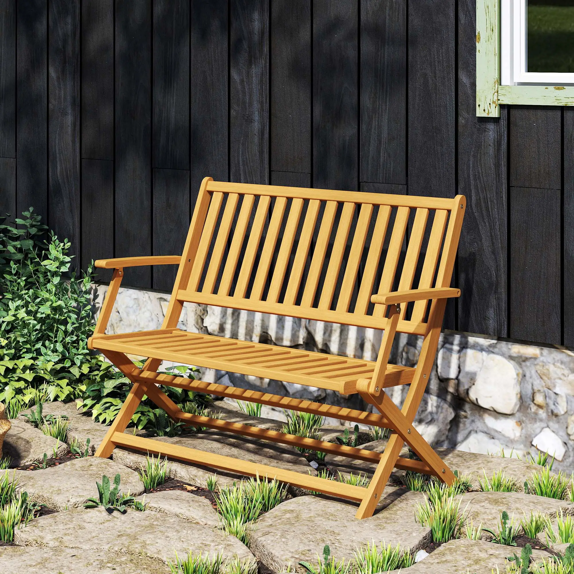 46.5" Foldable Wood Outdoor Bench, Backrest, Armrests, Teak - Image 10
