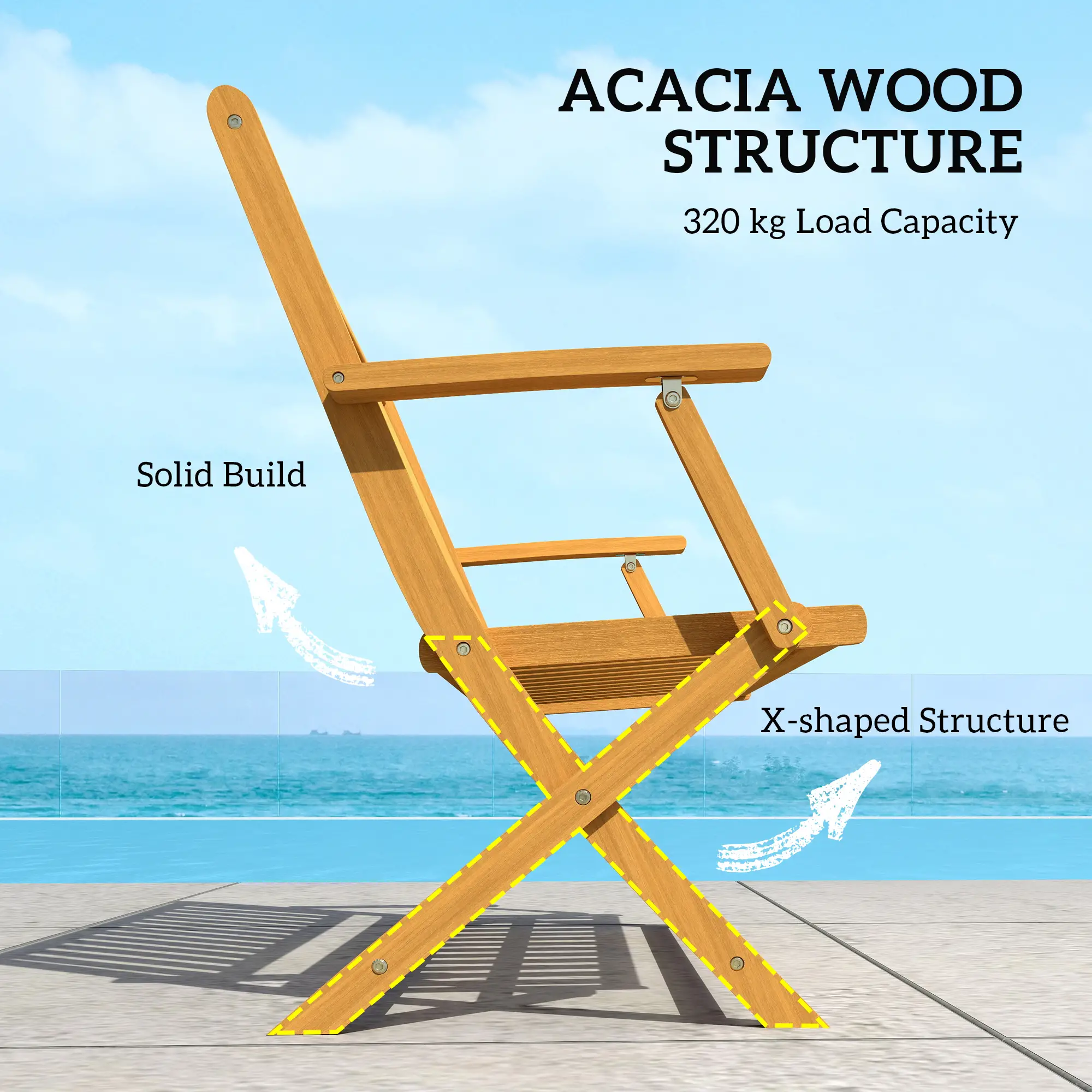 46.5" Foldable Wood Outdoor Bench, Backrest, Armrests, Teak - Image 5