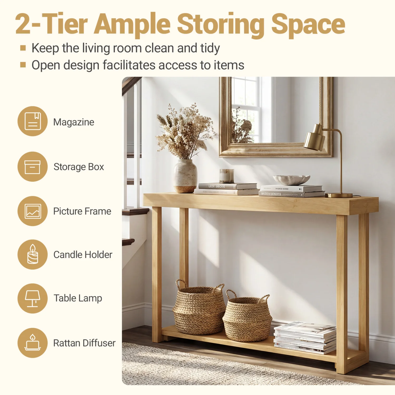 46 Inch Solid Wood Console Table 2-Tier Narrow Farmhouse Sofa Table - Image 10
