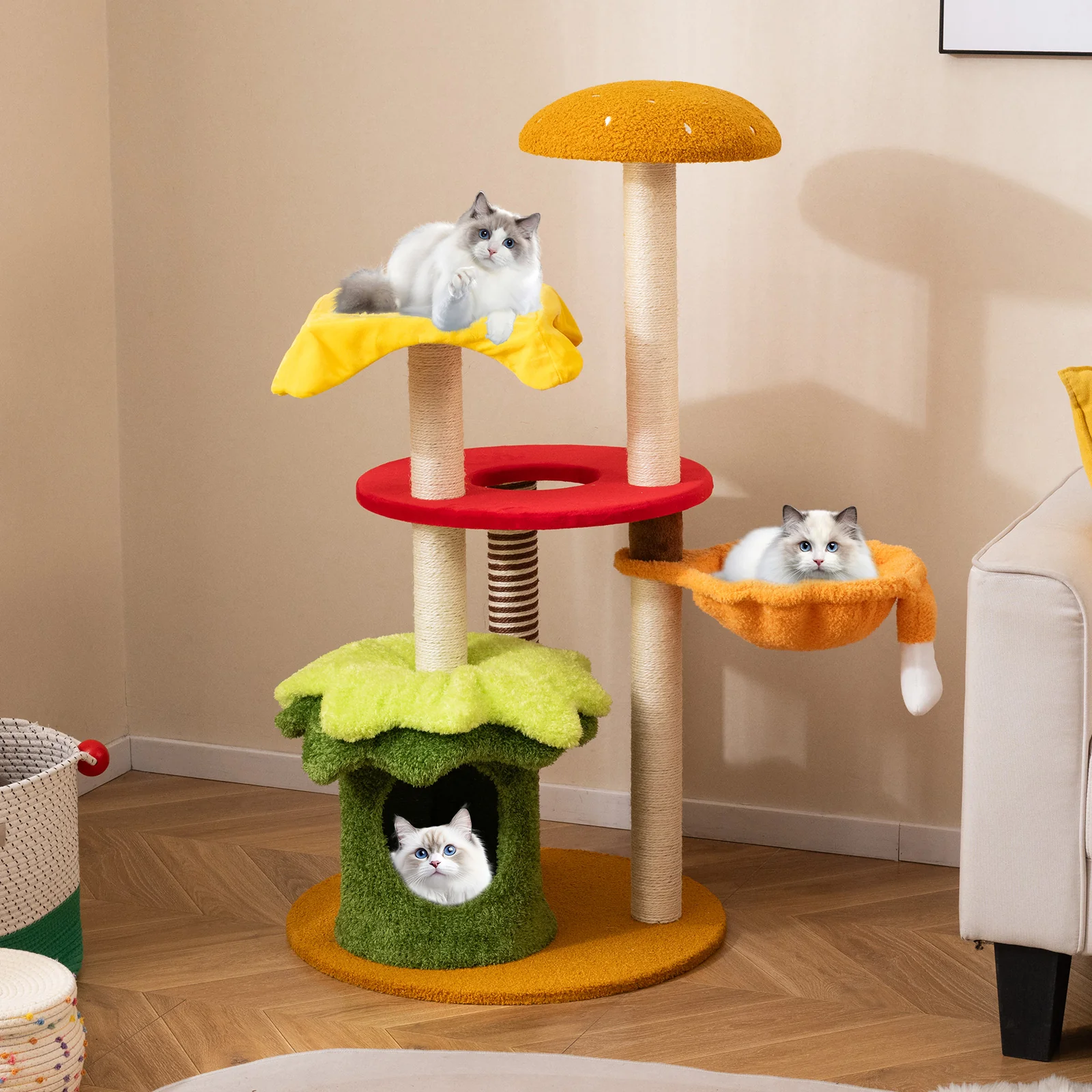 46 Inch Tall Cat Tree, Multi-Level, Padded Perch, Hanging Basket Bed, Yellow - Image 2