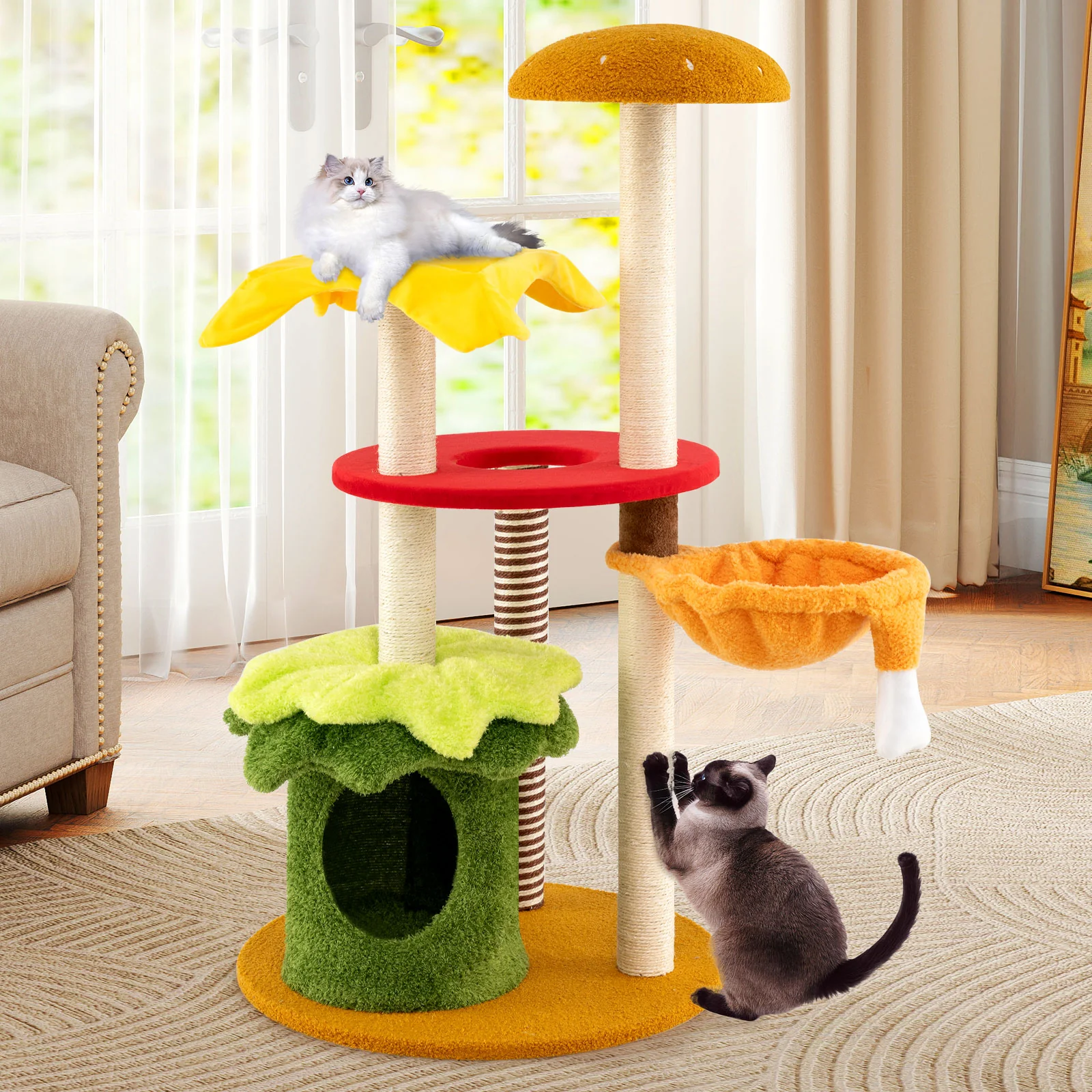 46 Inch Tall Cat Tree, Multi-Level, Padded Perch, Hanging Basket Bed, Yellow - Image 3
