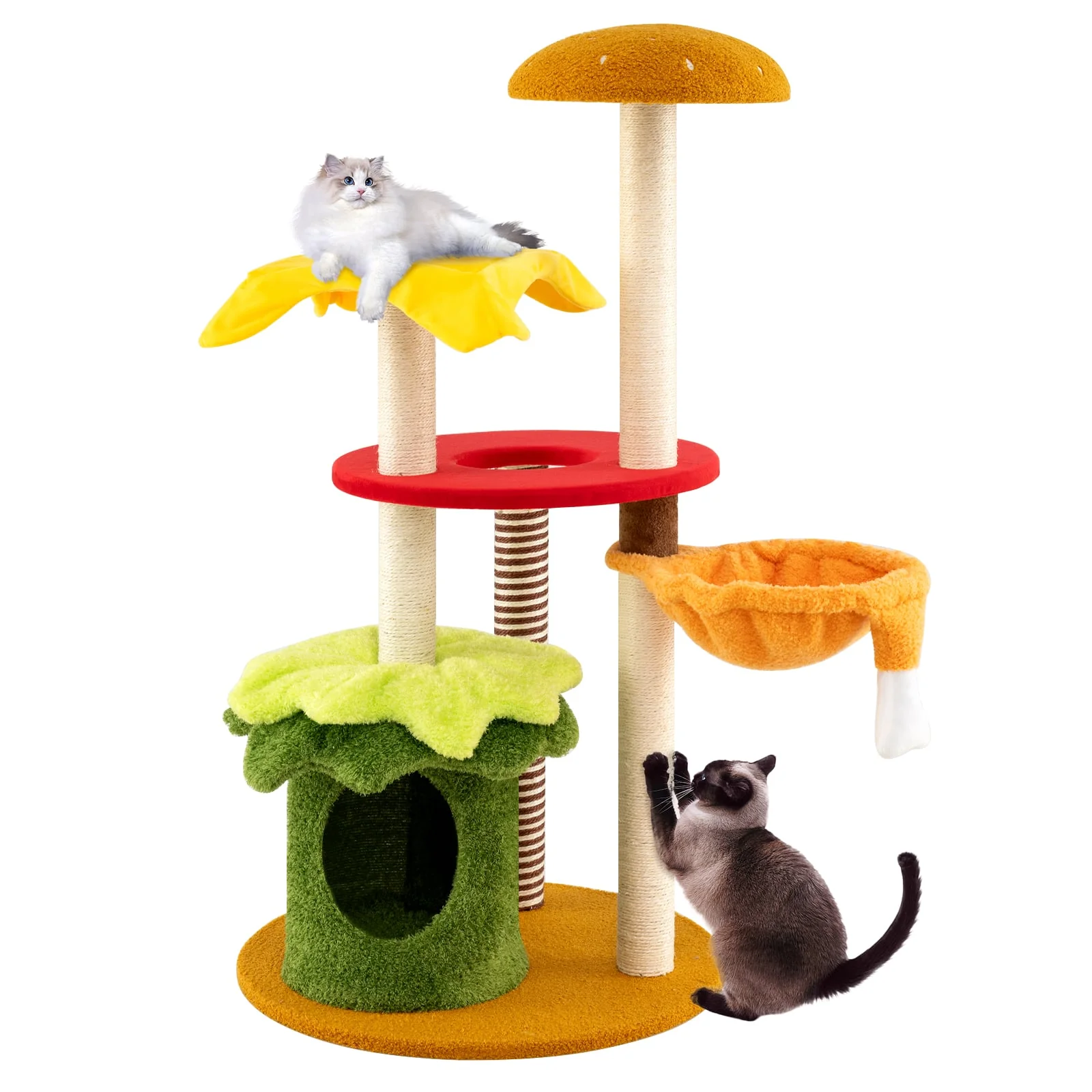 46 Inch Tall Cat Tree, Multi-Level, Padded Perch, Hanging Basket Bed, Yellow - Image 4